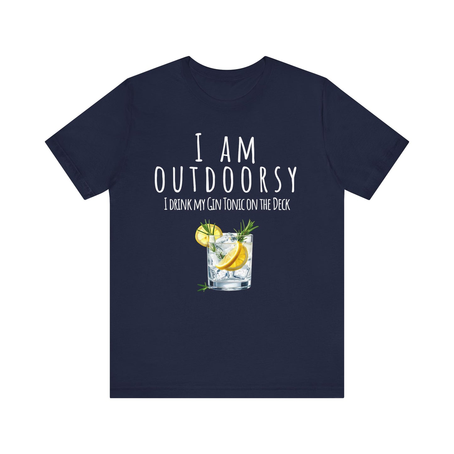 Navy blue t-shirt with a graphic of a gin tonic and text on a white background