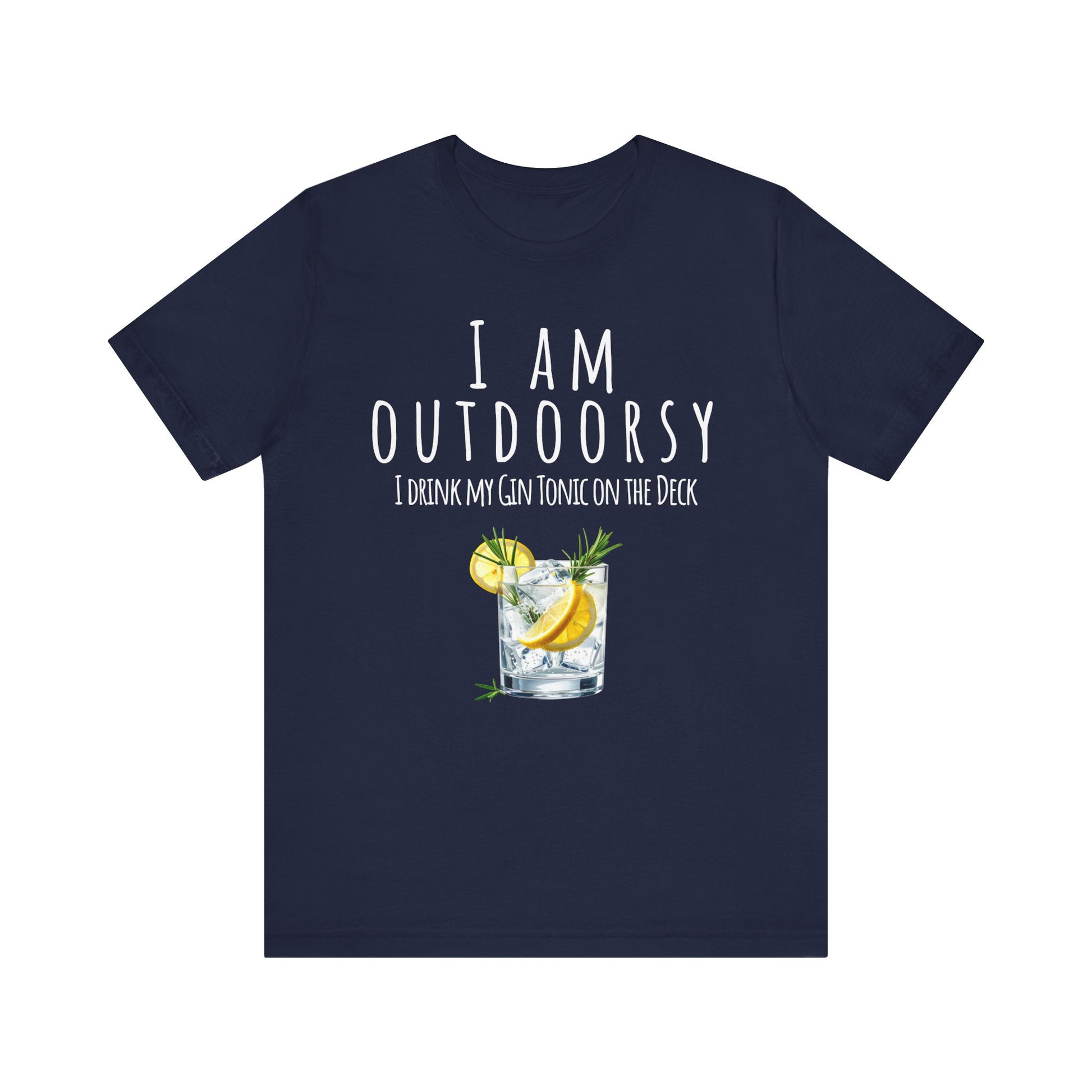 Navy blue t-shirt with a graphic of a gin tonic and text on a white background
