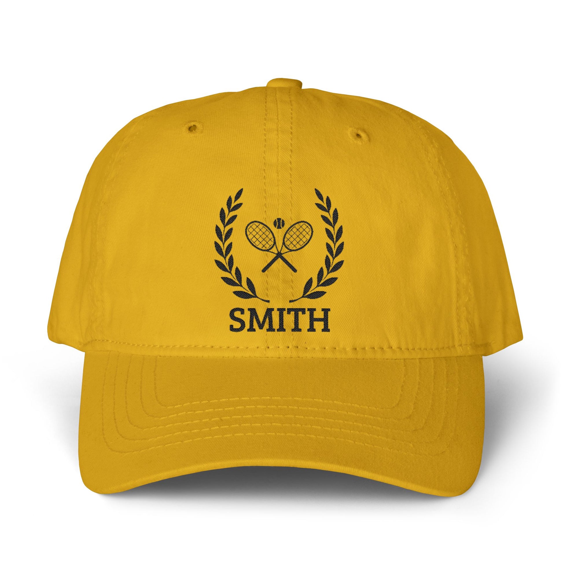 Tennis cap for women Yellow cap with black logo and text on a white background