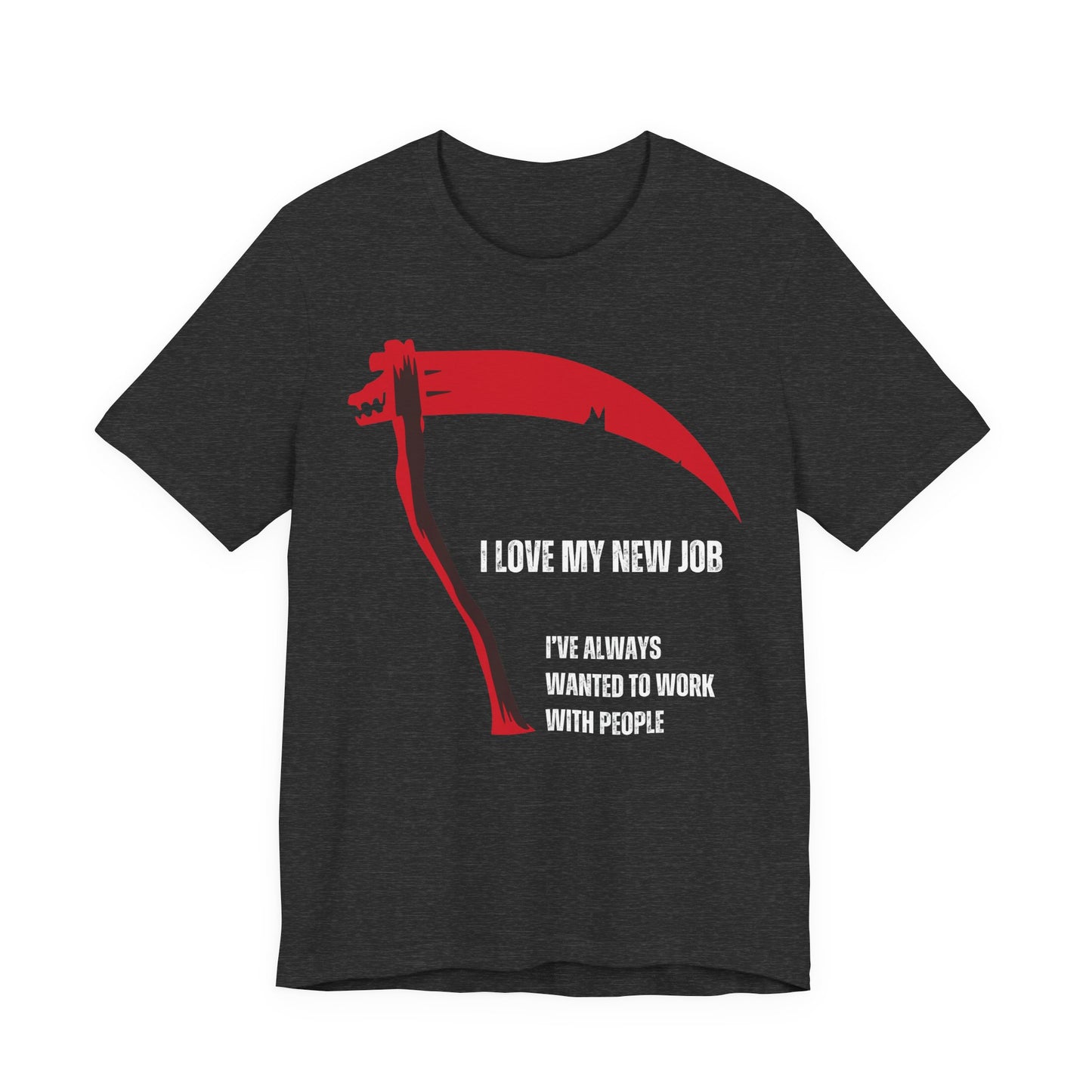 Black t-shirt with red graphic and white text on a white background