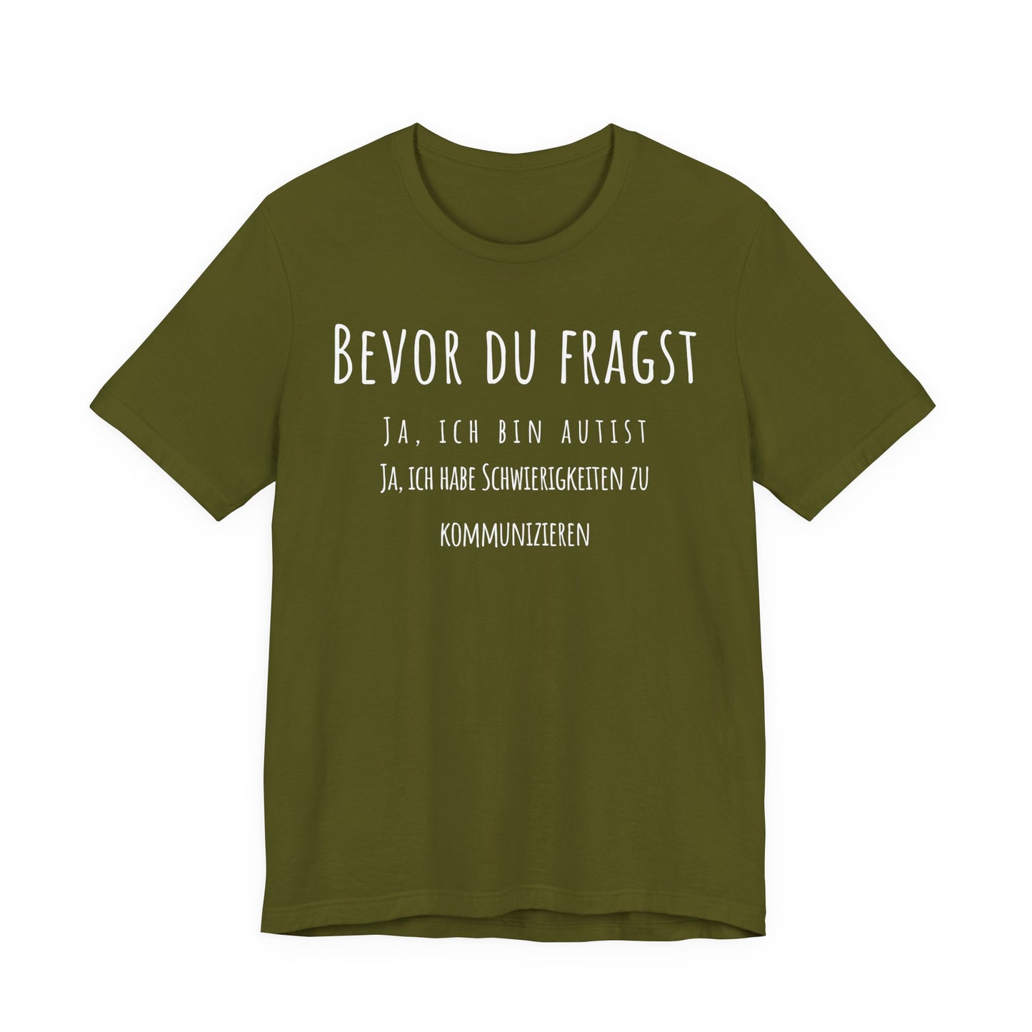 Green t-shirt with white text on a white background
