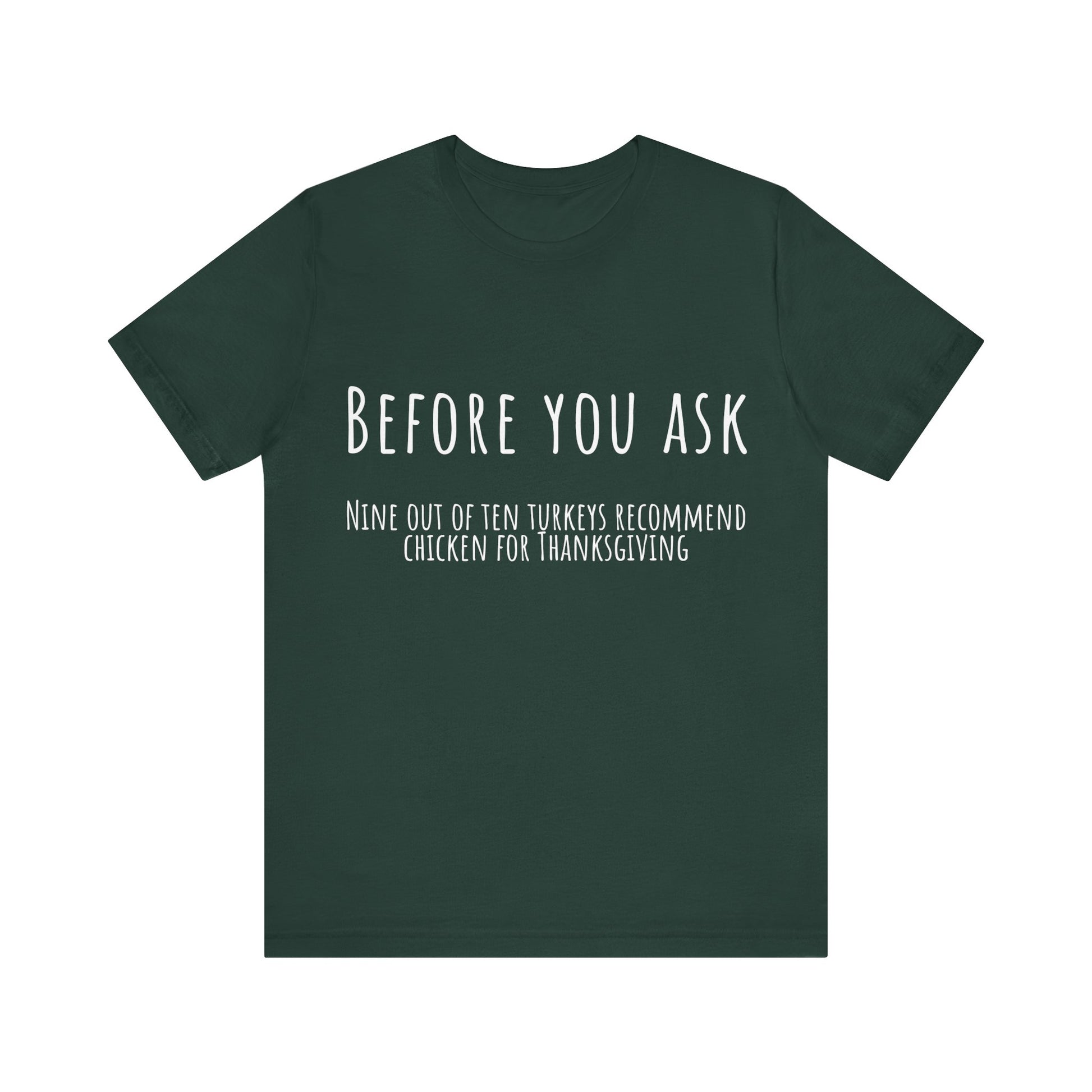 Green t-shirt with white text on a white background