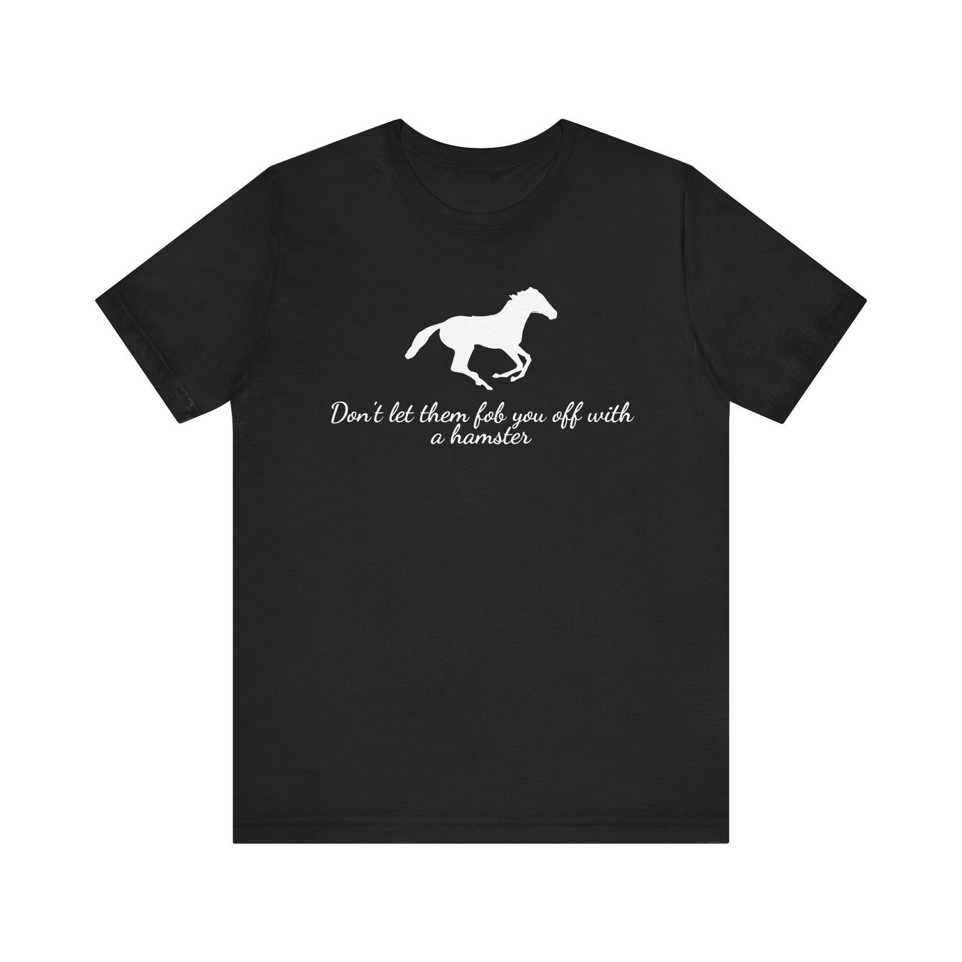 Black t-shirt with white horse graphic and text on a white background