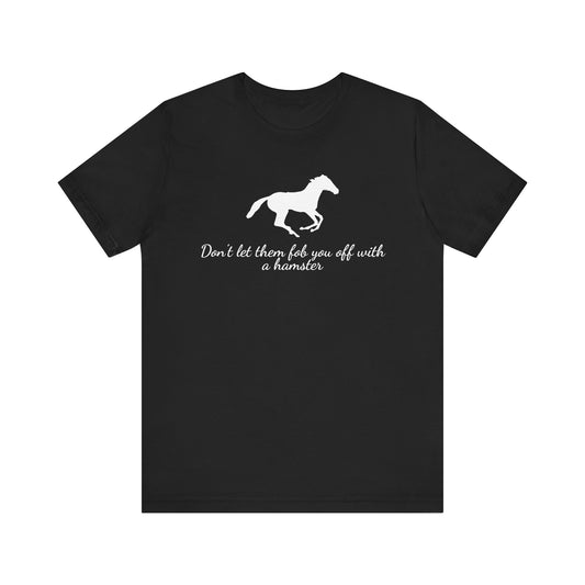 Black t-shirt with white horse graphic and text on a white background