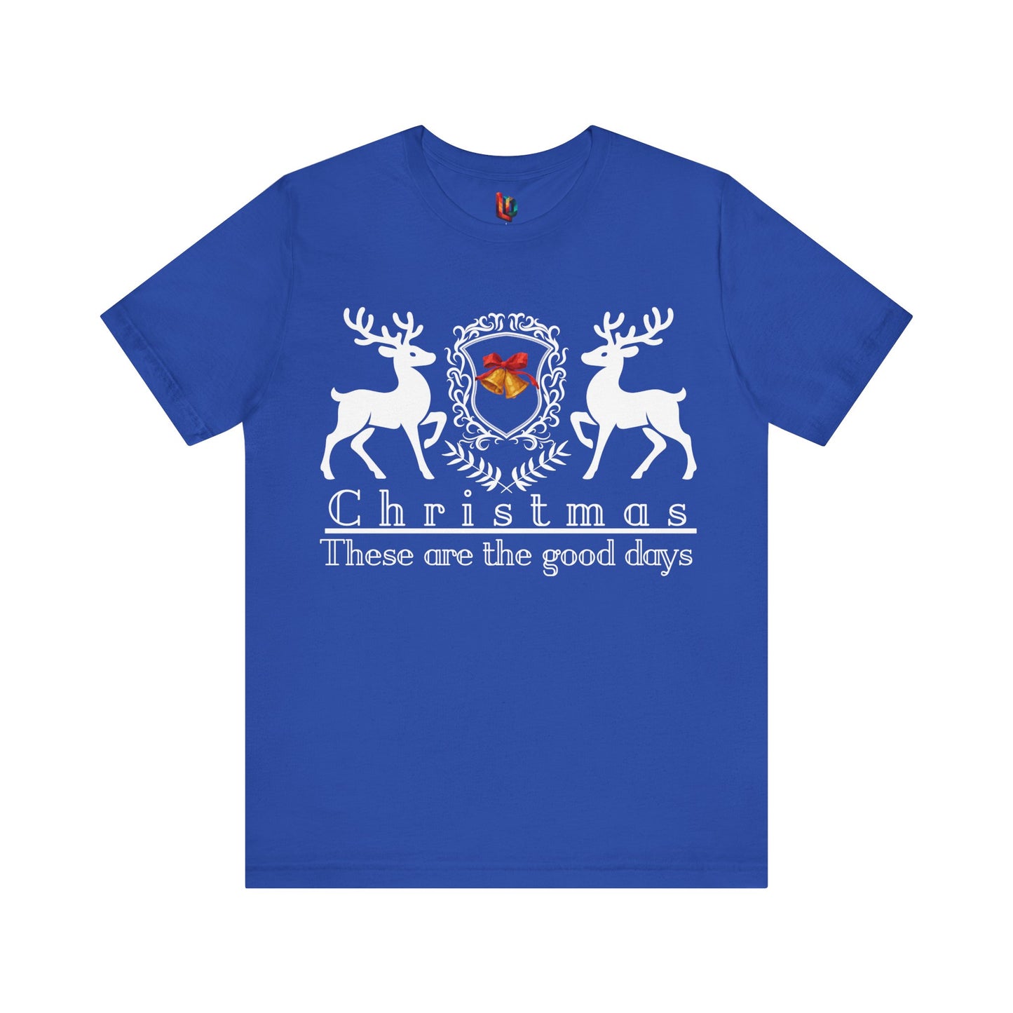 Blue t-shirt with Christmas design featuring two deer and text on a white background