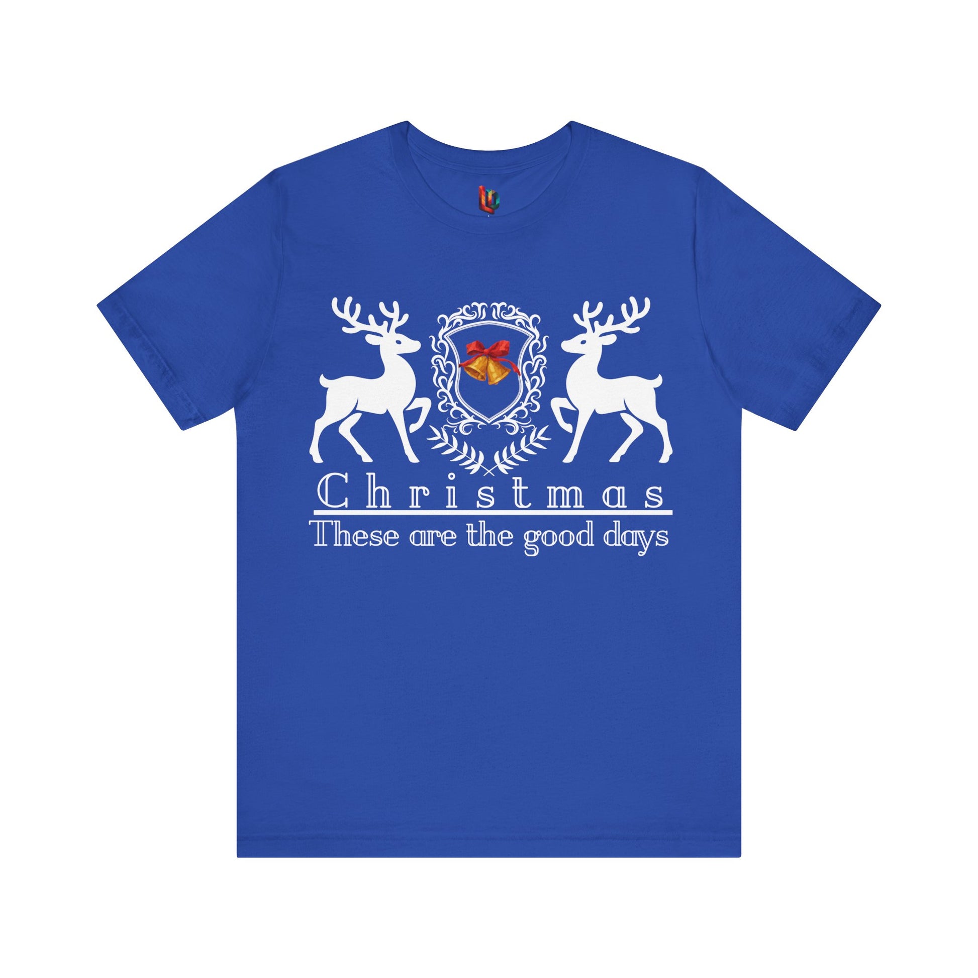 Blue t-shirt with Christmas design featuring two deer and text on a white background