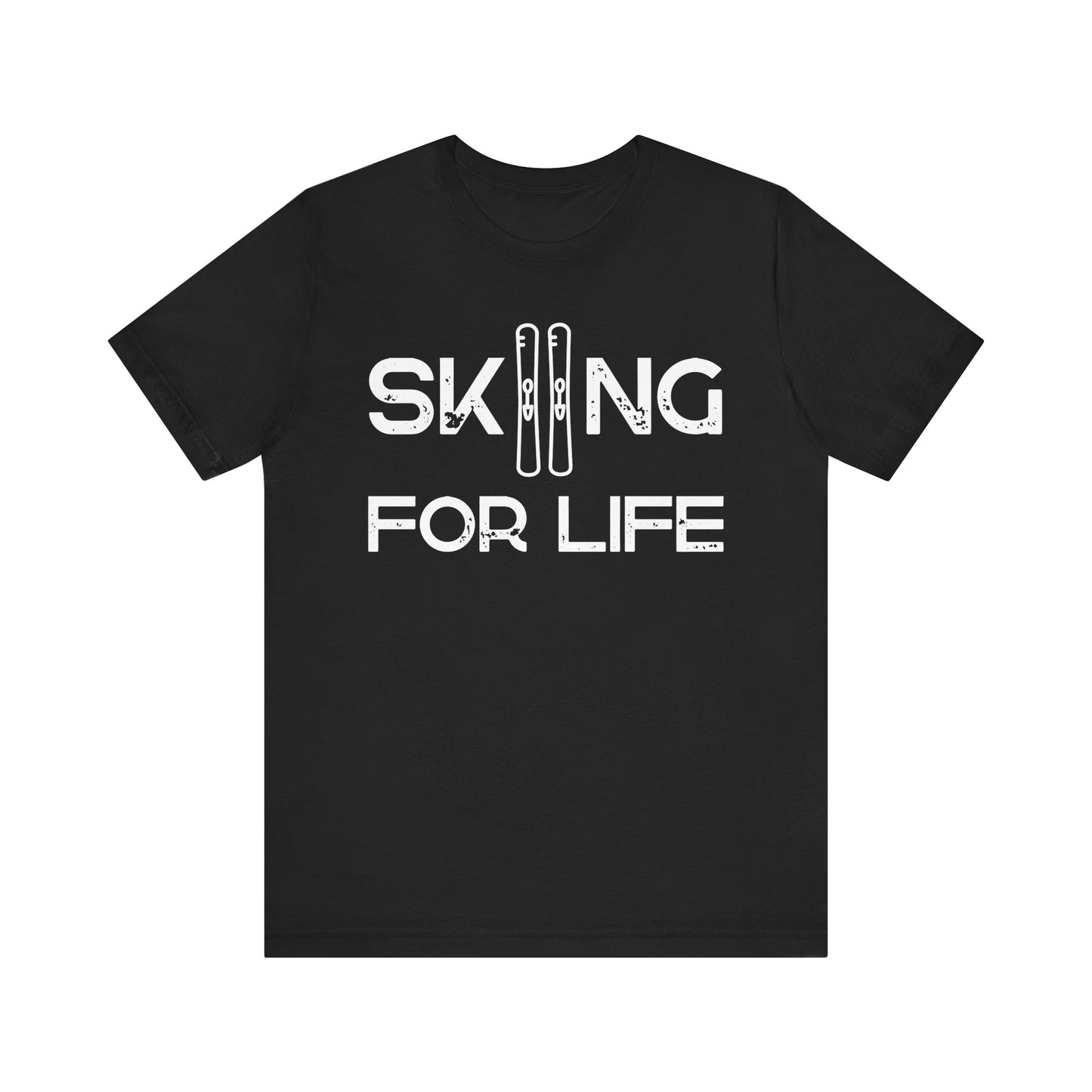 Black t-shirt with 'Skiing for Life' text and ski graphics on a white background
