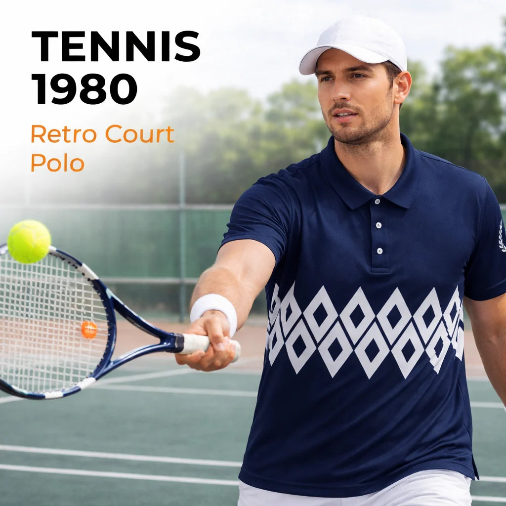 Tennis 1980 Polo Shirt Man holding a tennis racket on a tennis court wearing a navy polo shirt with a geometric pattern.