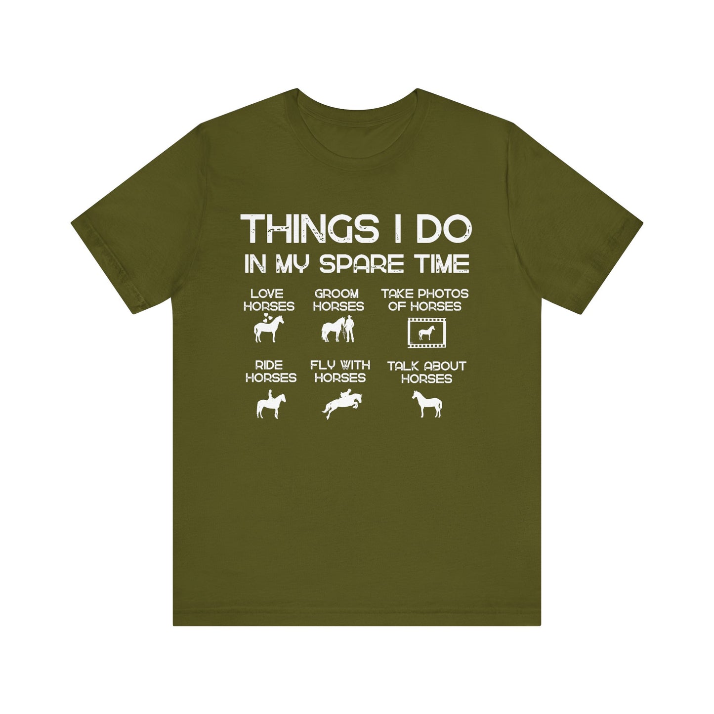 Green t-shirt with white text and horse-related graphics on a white background