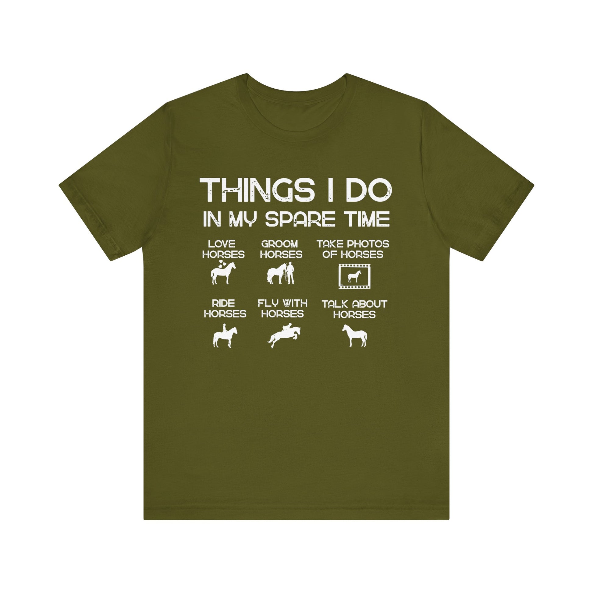 Green t-shirt with white text and horse-related graphics on a white background