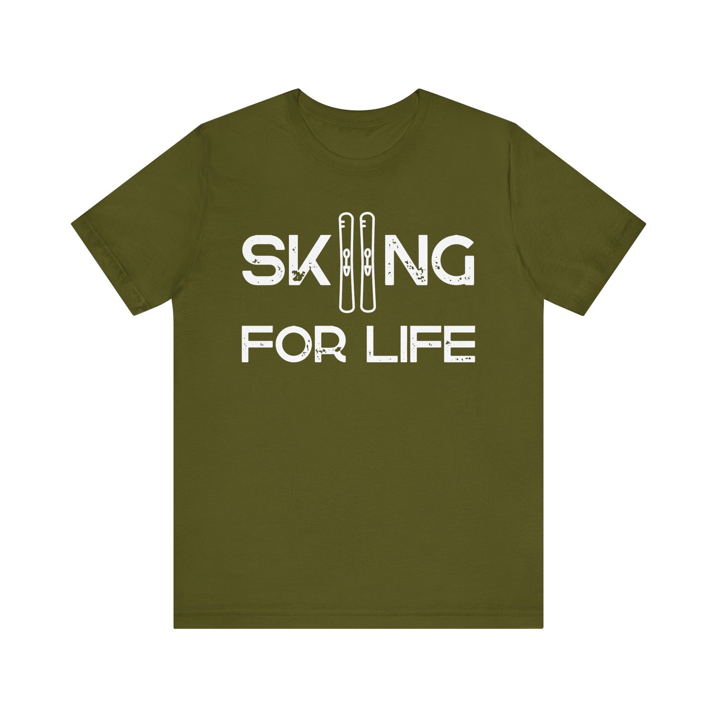 Green t-shirt with 'Skiing for Life' text and ski graphics on a white background