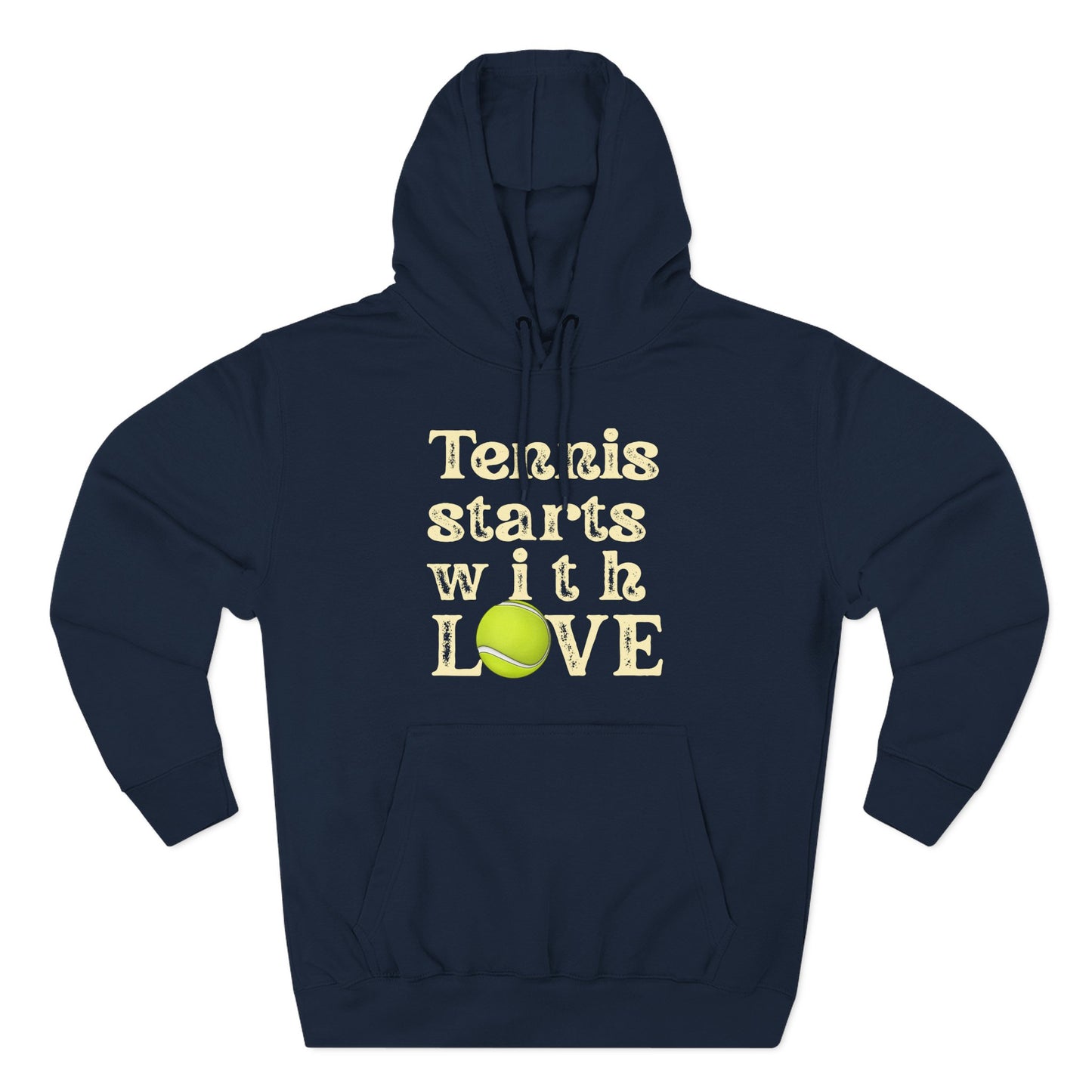 Navy blue hoodie with 'Tennis starts with LOVE' text and tennis ball graphic on a white background