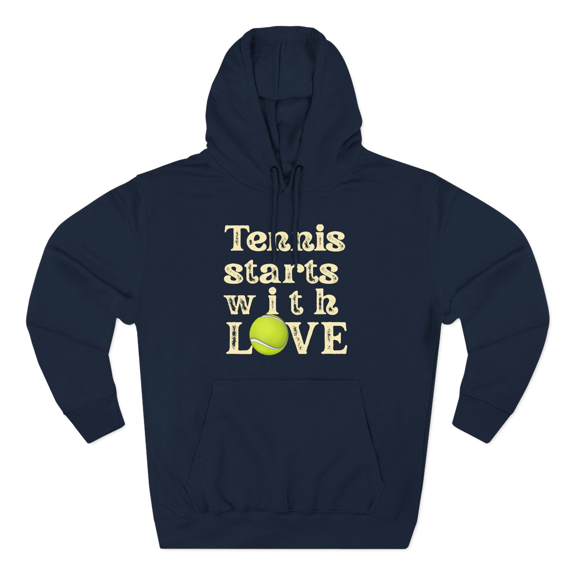 Navy blue hoodie with 'Tennis starts with LOVE' text and tennis ball graphic on a white background