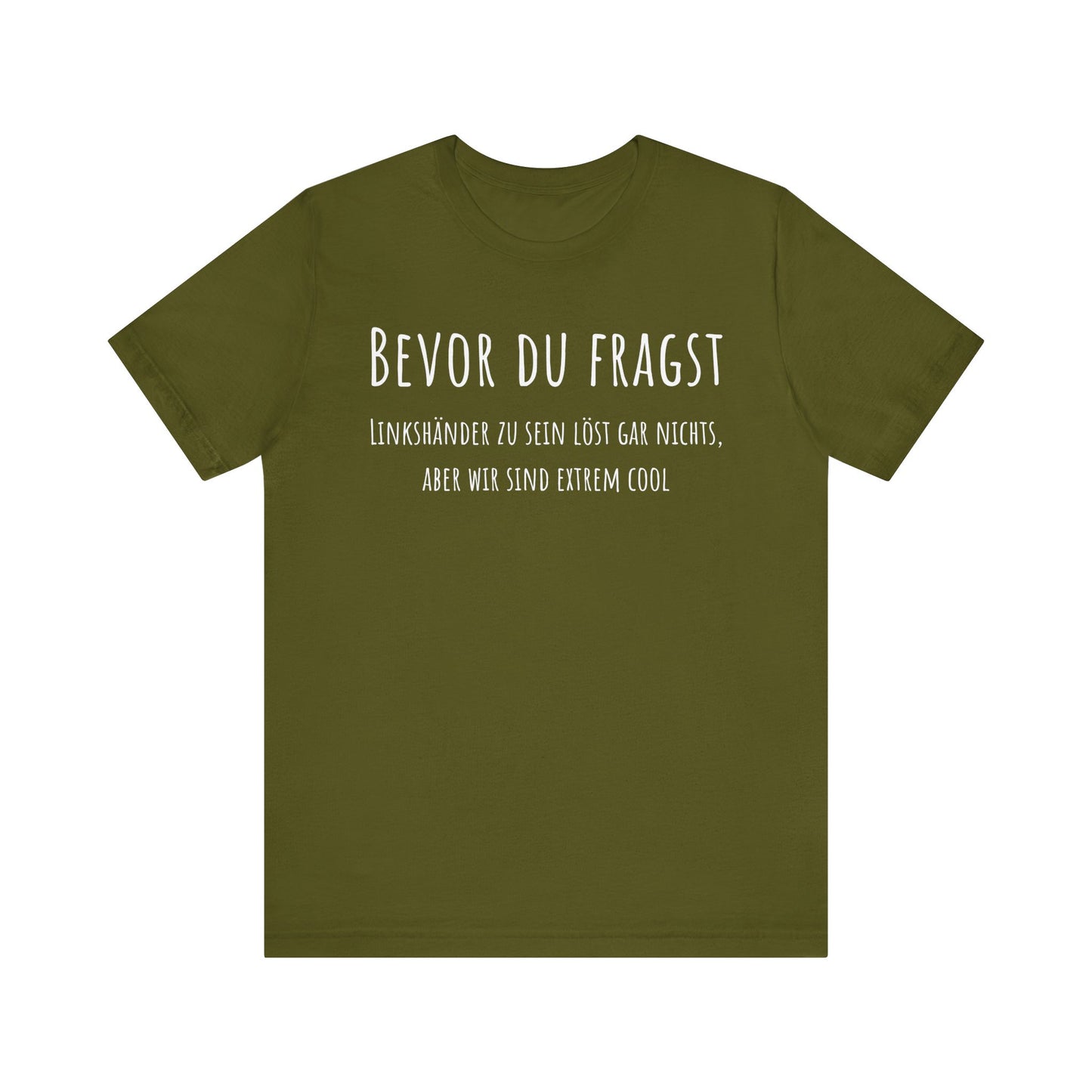 Green t-shirt with white text on a white background