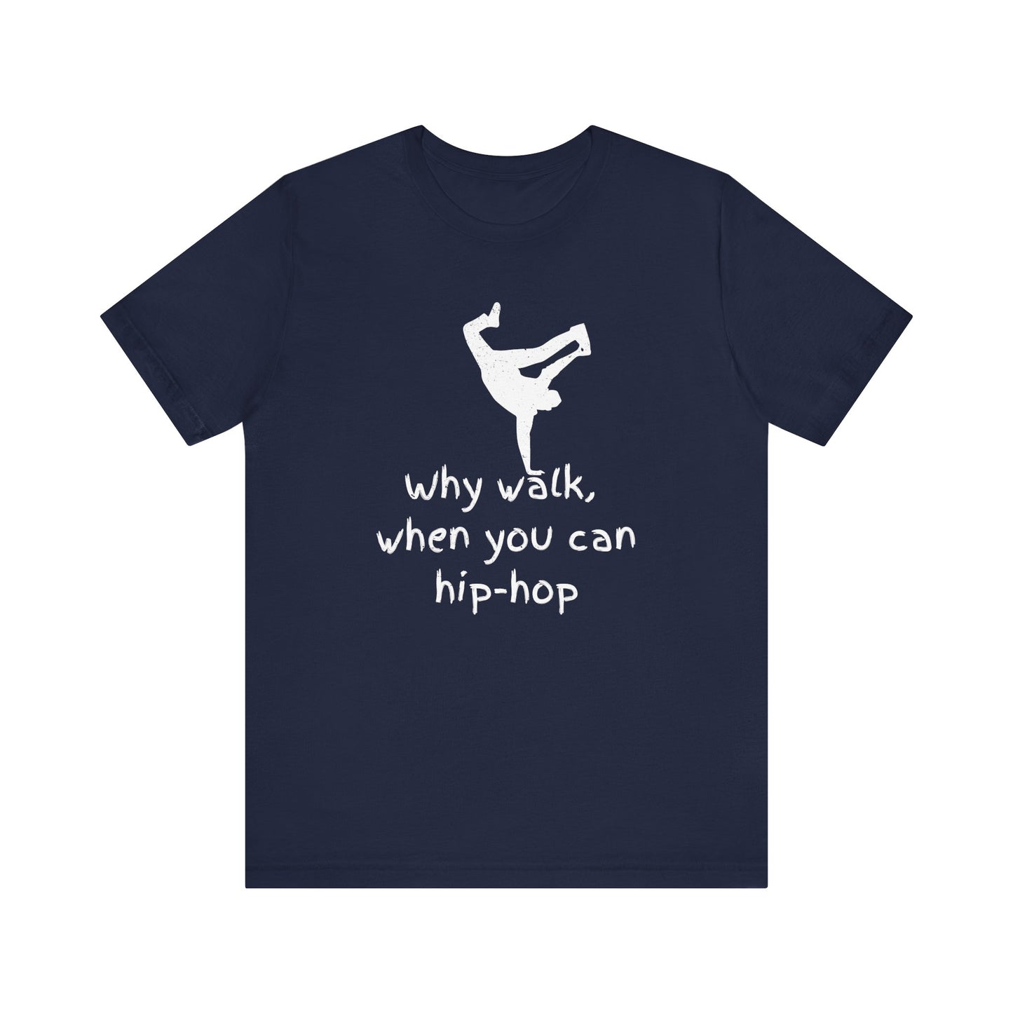 Navy blue t-shirt with white graphic and text on a white background