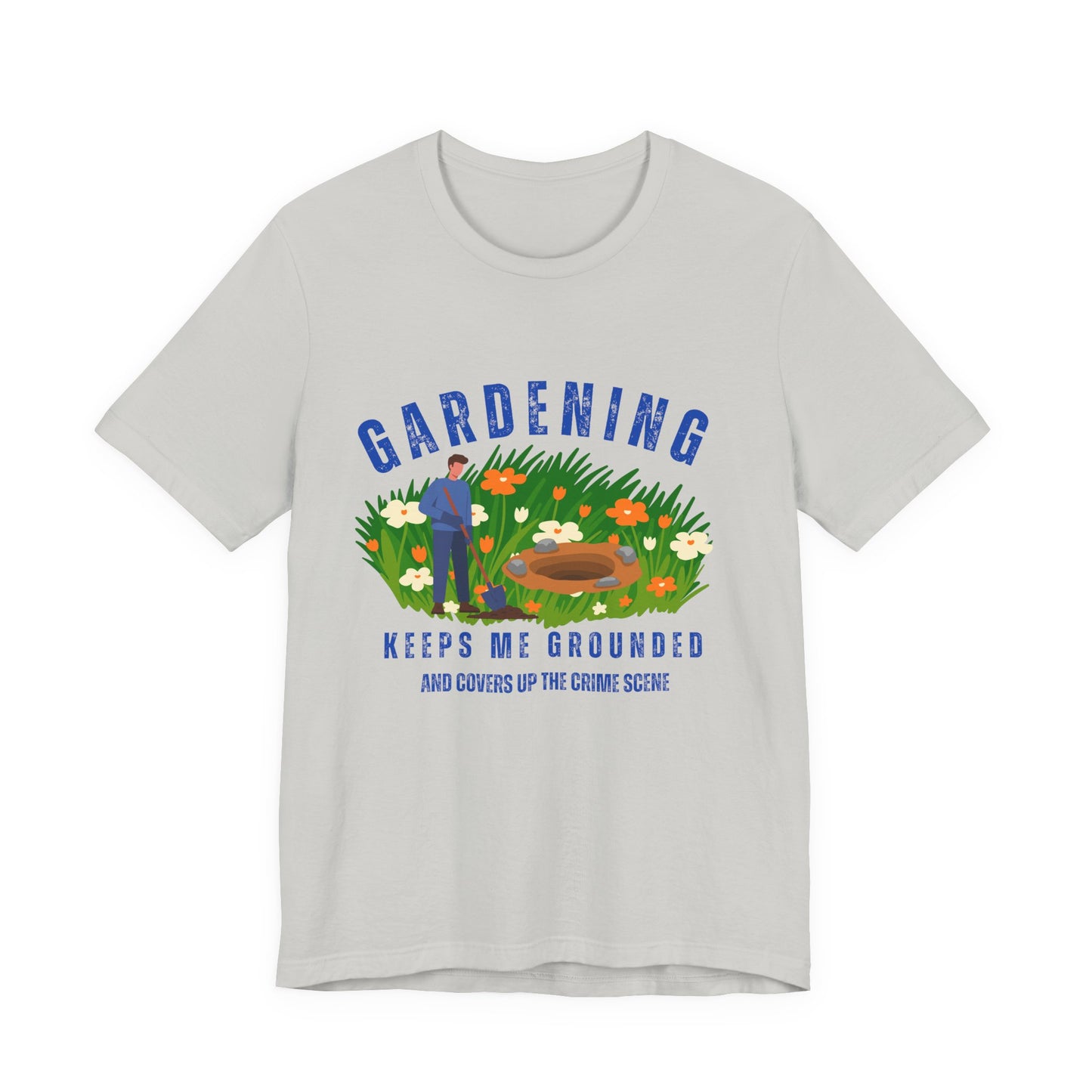Gray t-shirt with gardening graphic and text on a white background