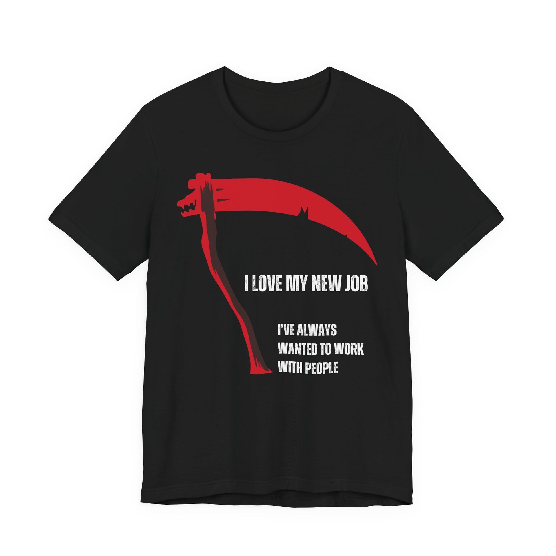 Black t-shirt with red graphic and white text on a white background