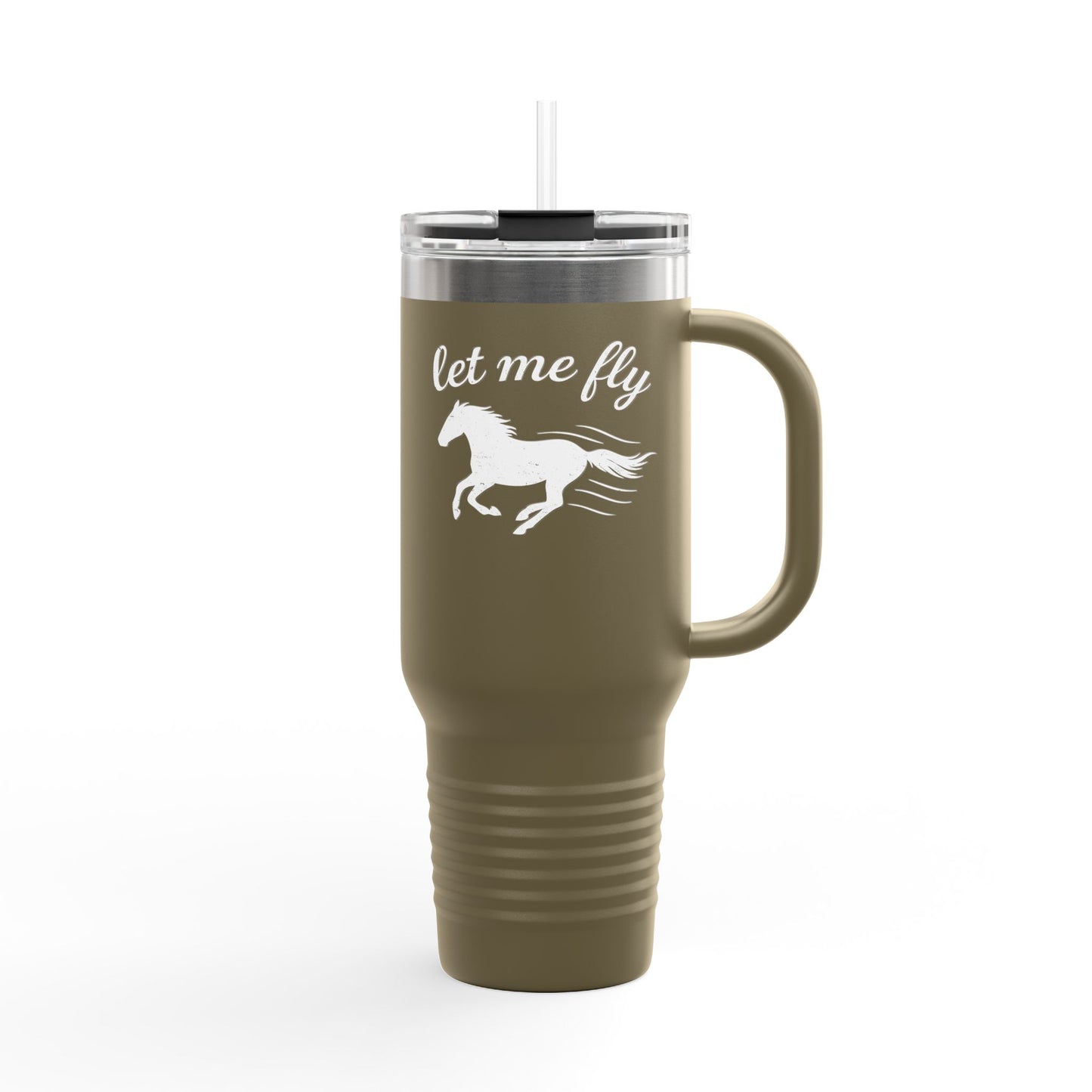Olive green travel mug with a horse design and 'let me fly' text on a white background