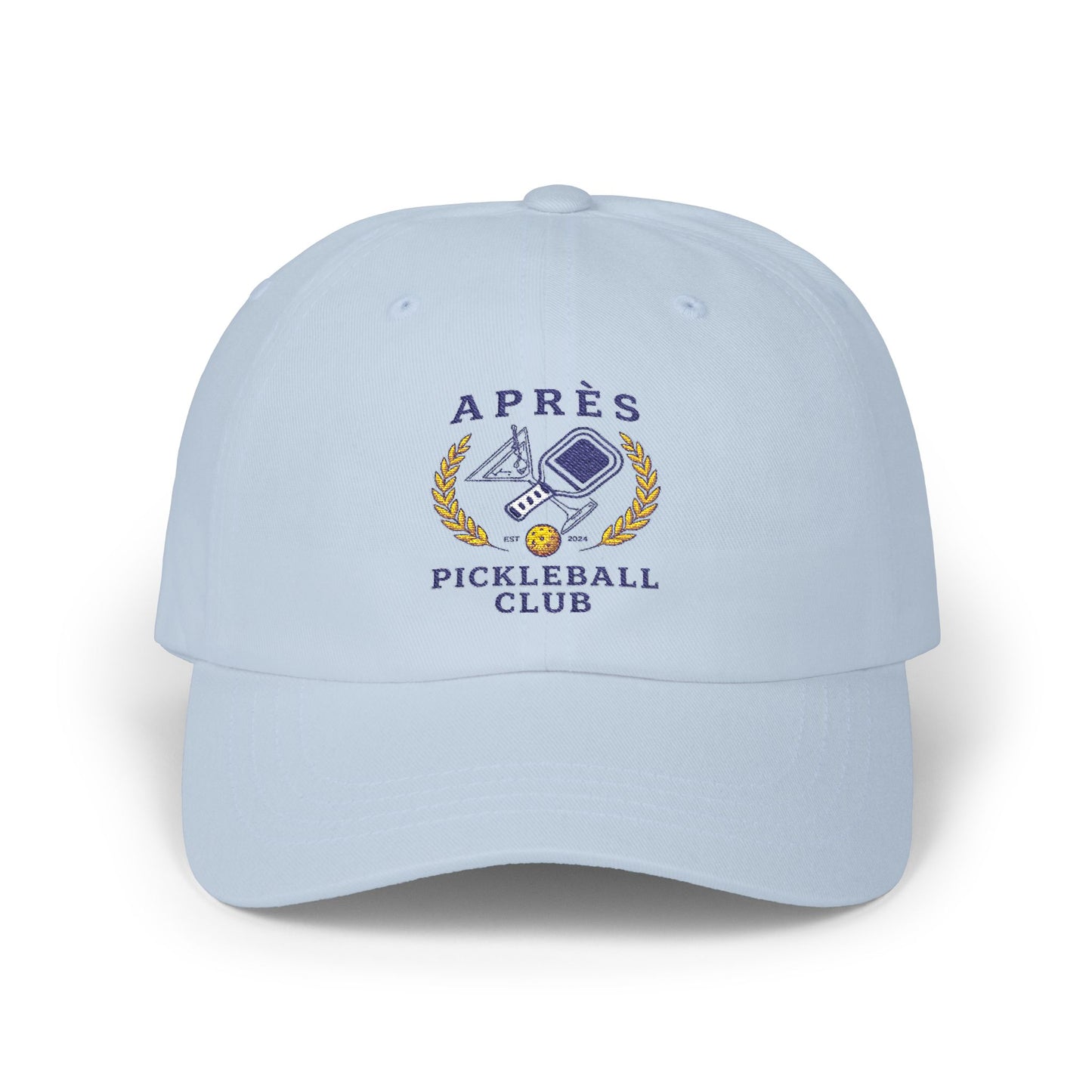 Light blue cap with 'Apres Pickleball Club' logo on a white background