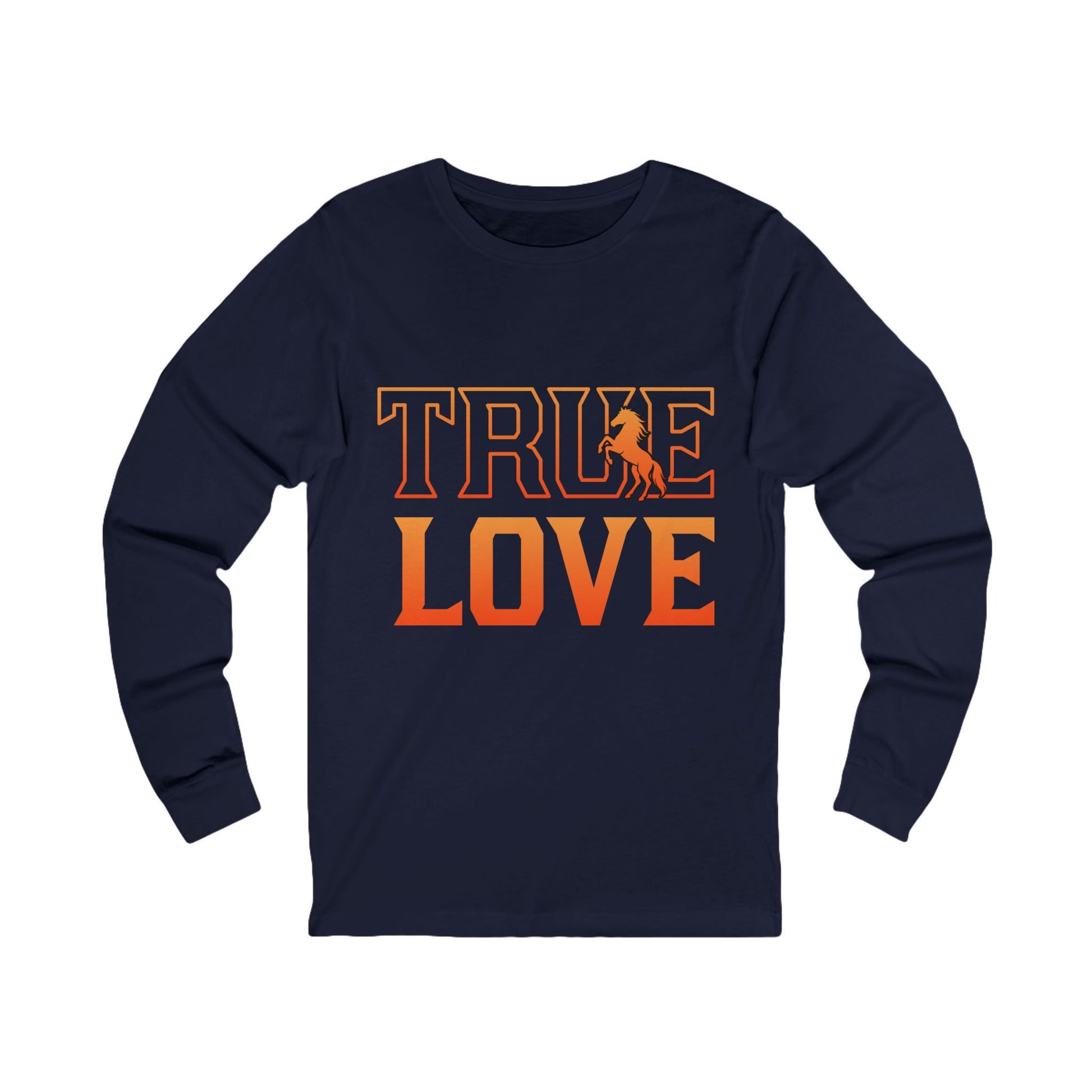Navy blue long-sleeve shirt with 'TRUE LOVE' text in orange on a white background