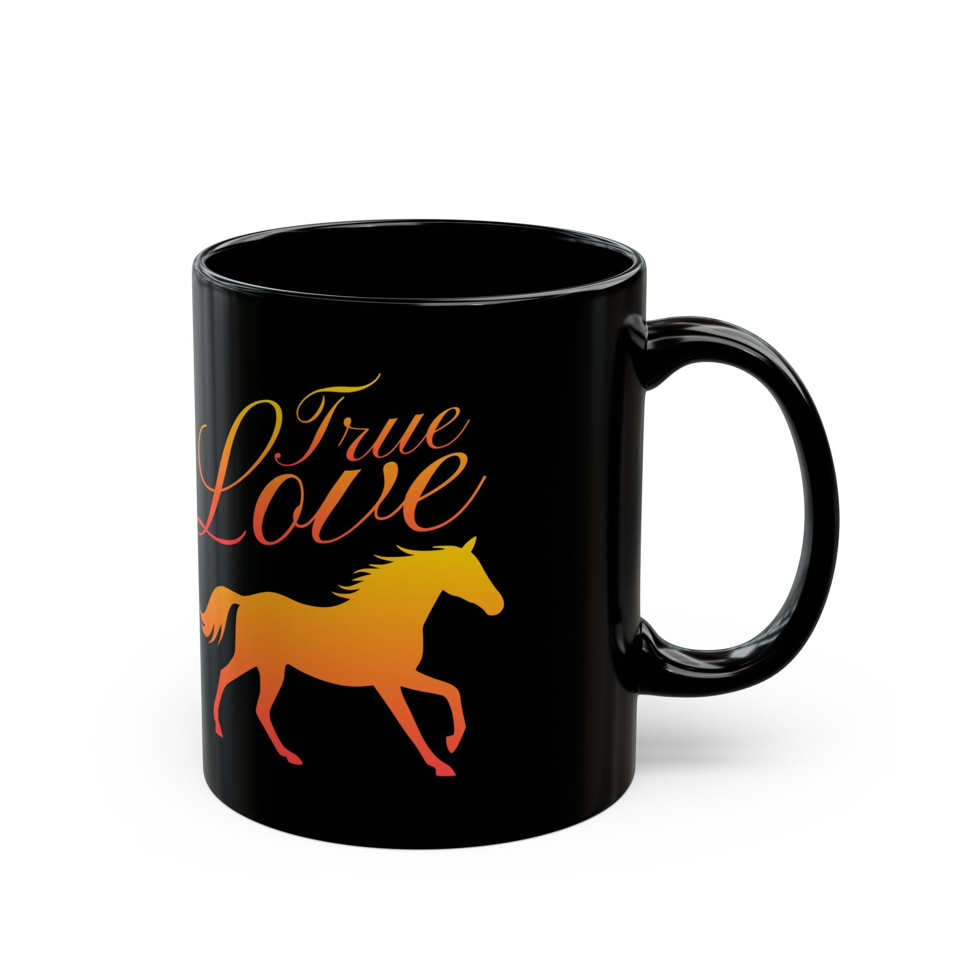 Black mug with 'True Love' text and horse illustration on a white background