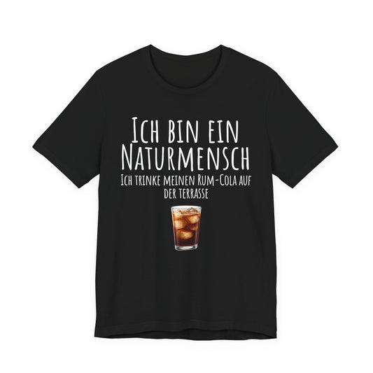 Black t-shirt with German text and a drink graphic on a white background