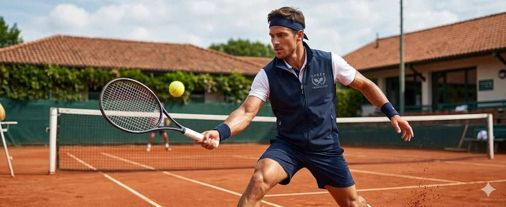 Tennis Vest Tennis player in action on a clay court with a racket and ball.