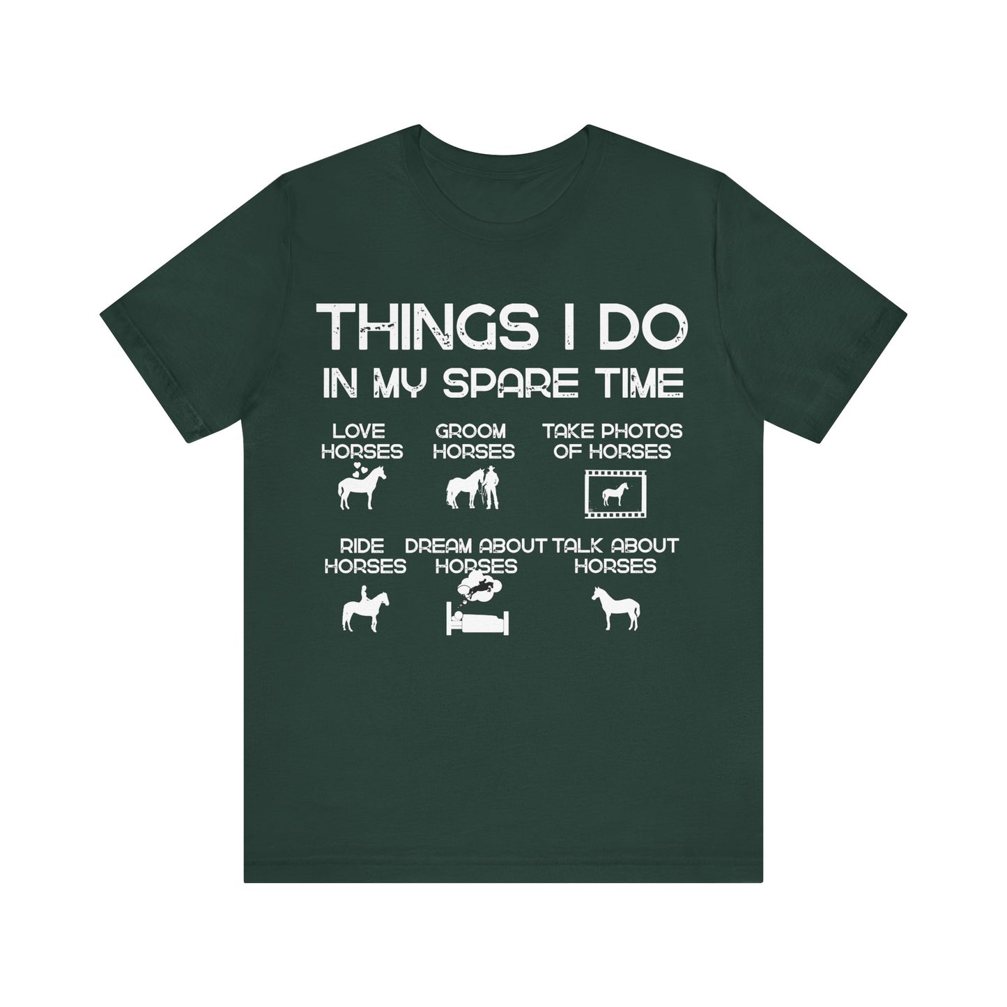 Green t-shirt with white text and horse-related graphics on a white background