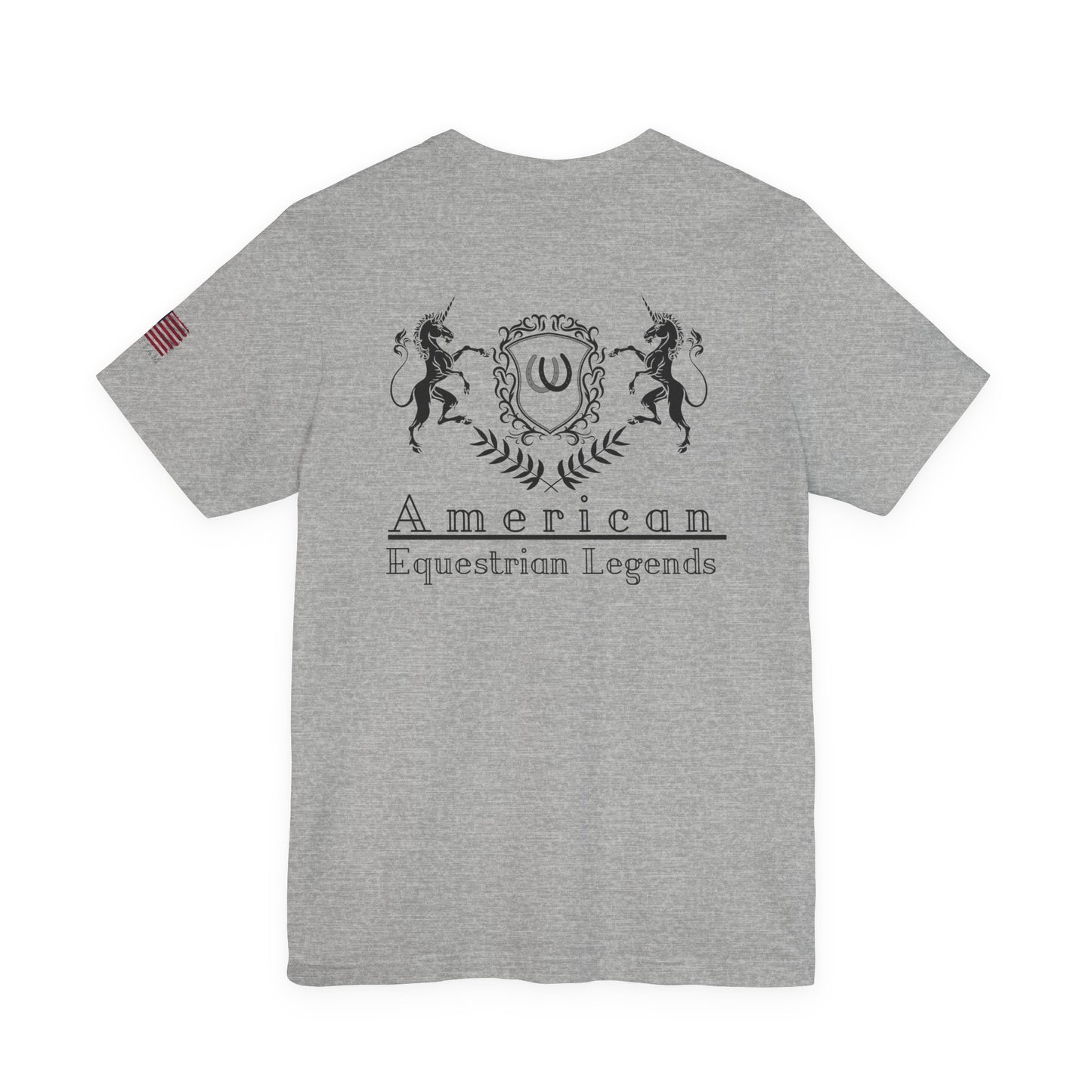 Gray t-shirt with 'American Equestrian Legends' design on a white background