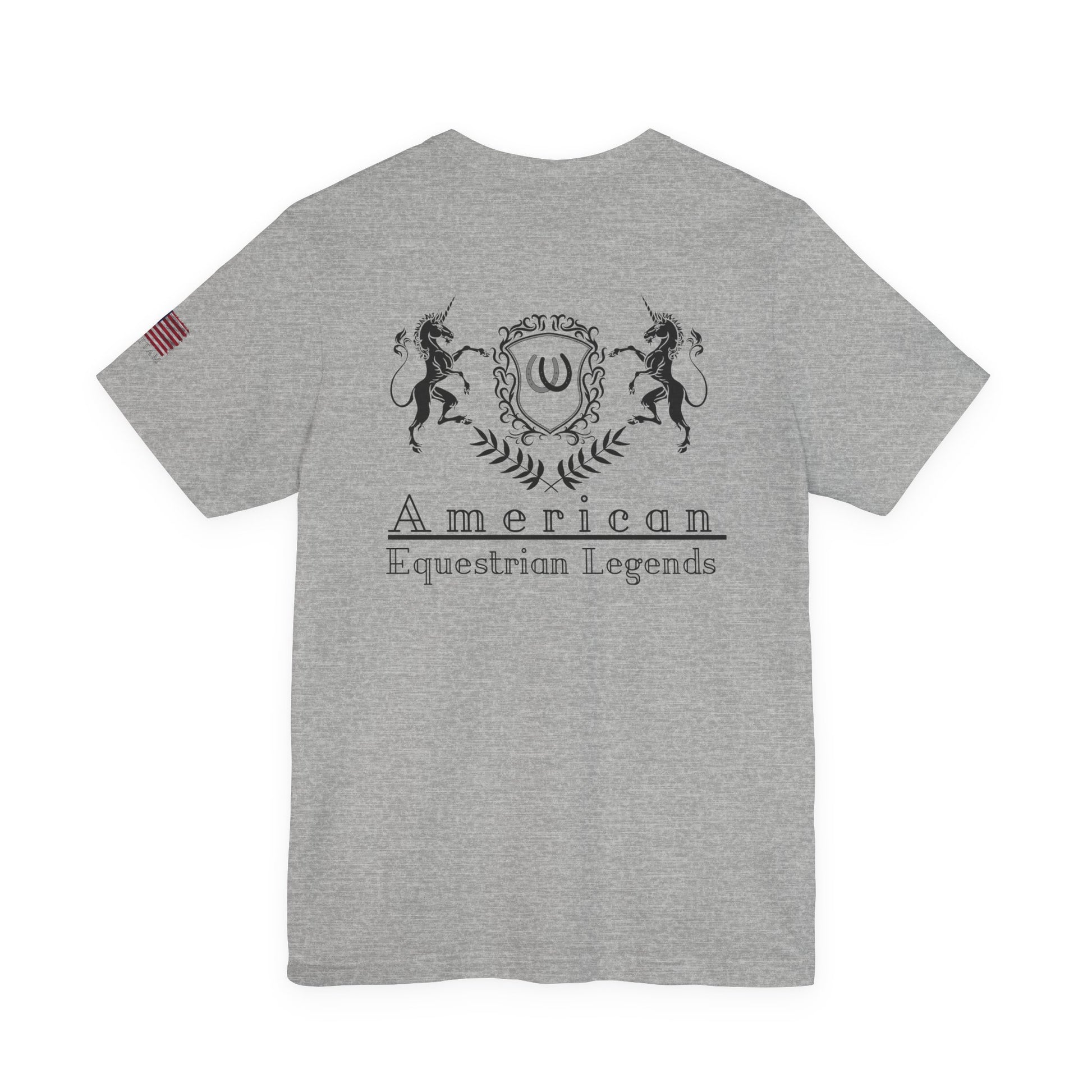 Gray t-shirt with 'American Equestrian Legends' design on a white background