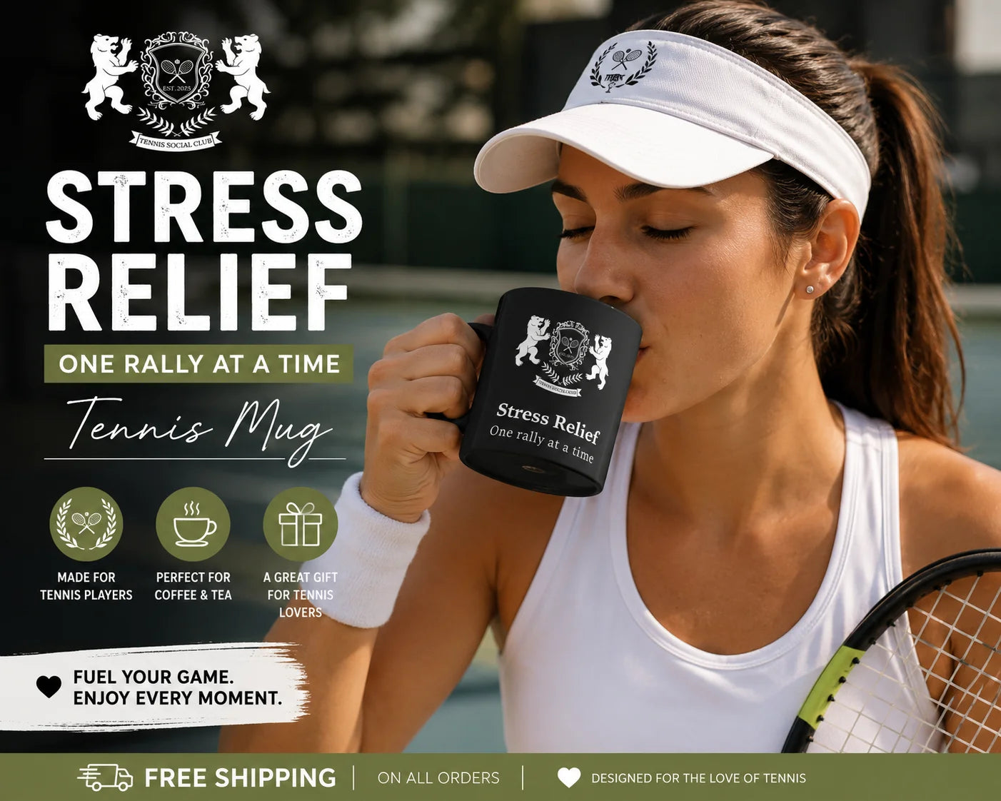 Tennis Mug Woman holding a 'Stress Relief' tennis mug with branding and promotional text on a blurred tennis court background.