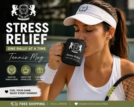 Tennis Mug Woman holding a 'Stress Relief' tennis mug with branding and promotional text on a blurred tennis court background.
