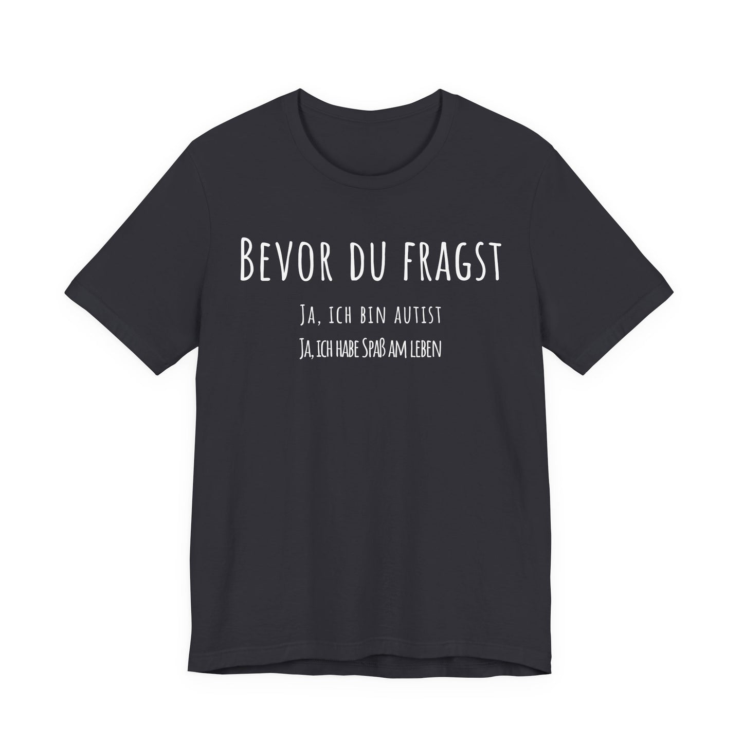 Black t-shirt with white text on a white background