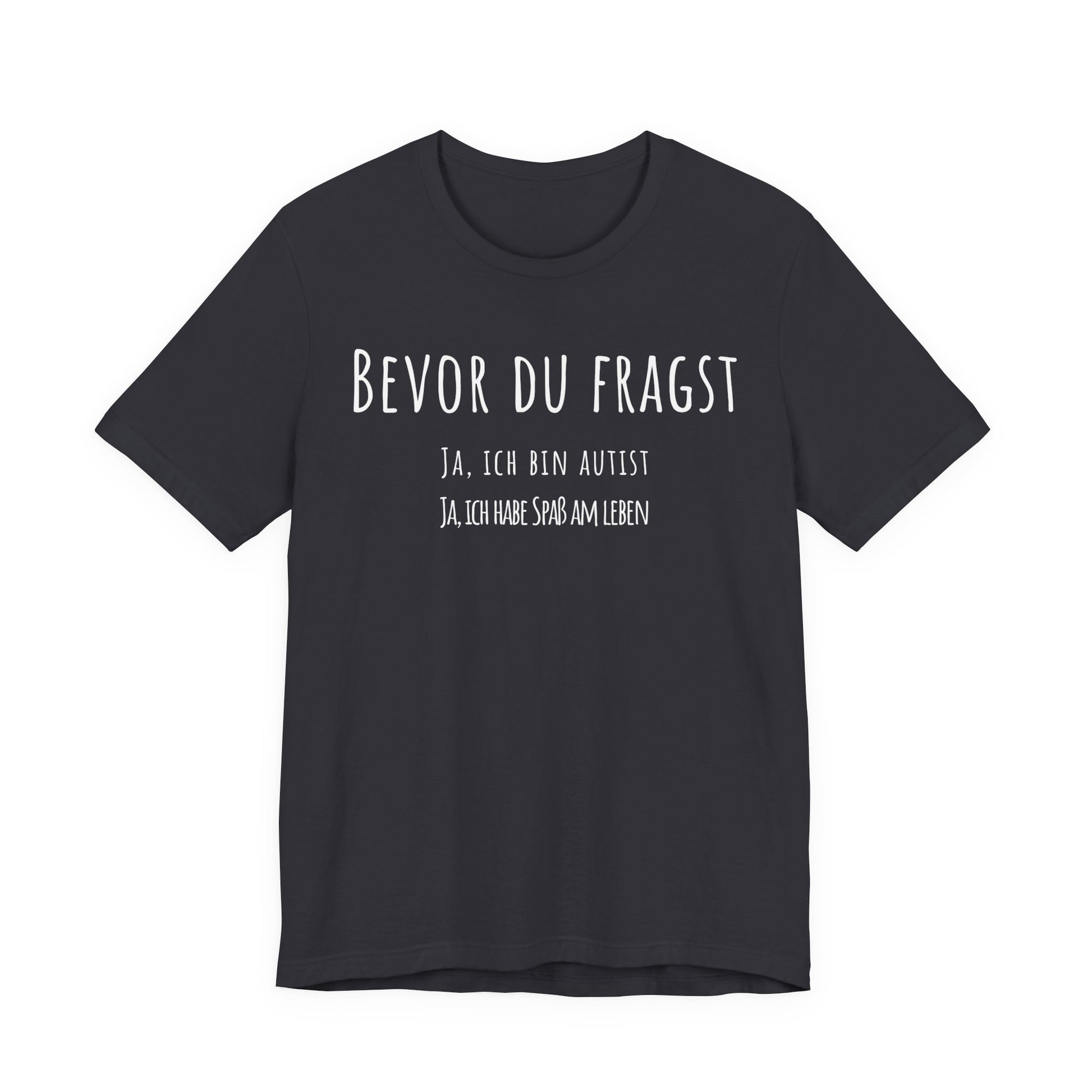 Black t-shirt with white text on a white background