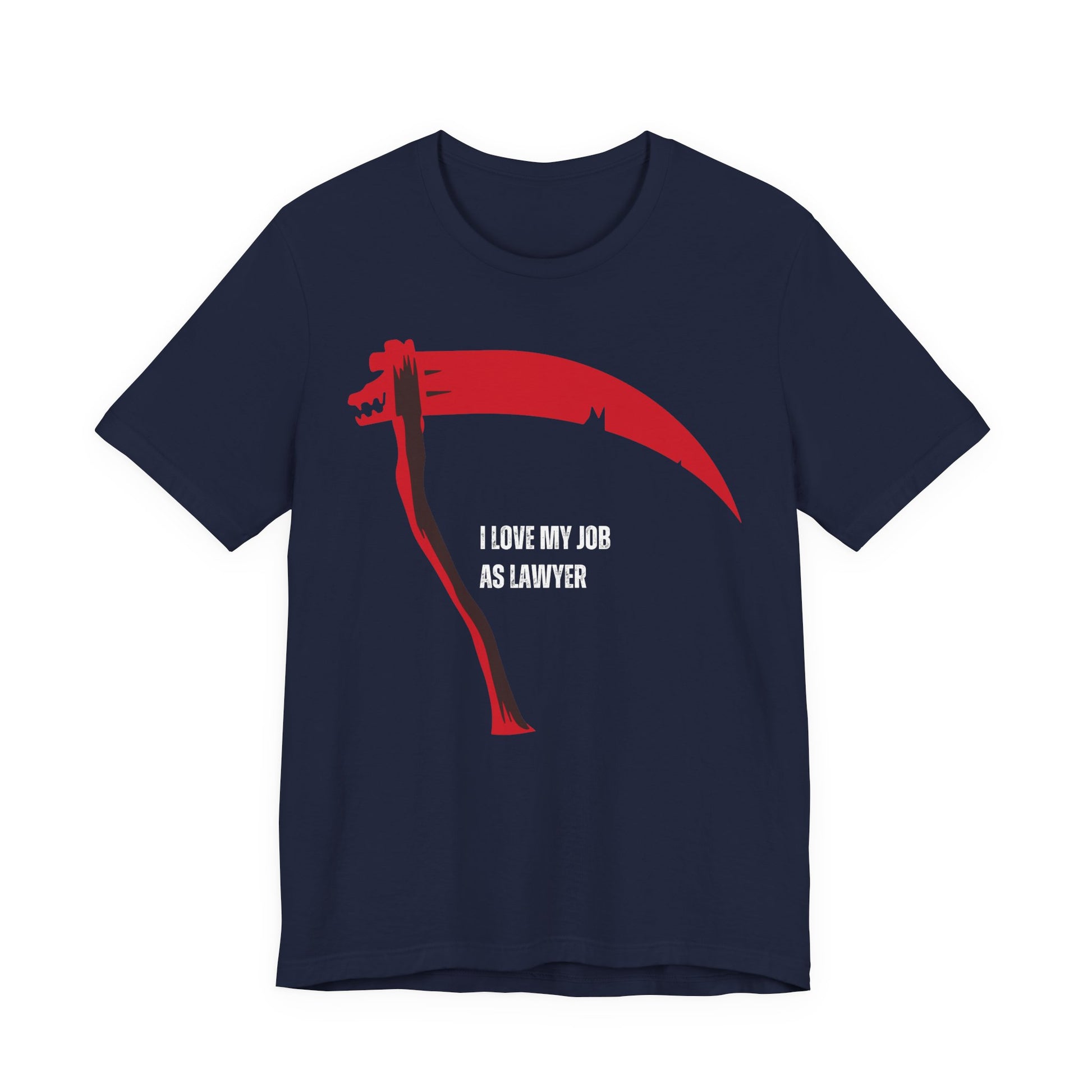 Navy blue t-shirt with red and white graphic and text on a white background