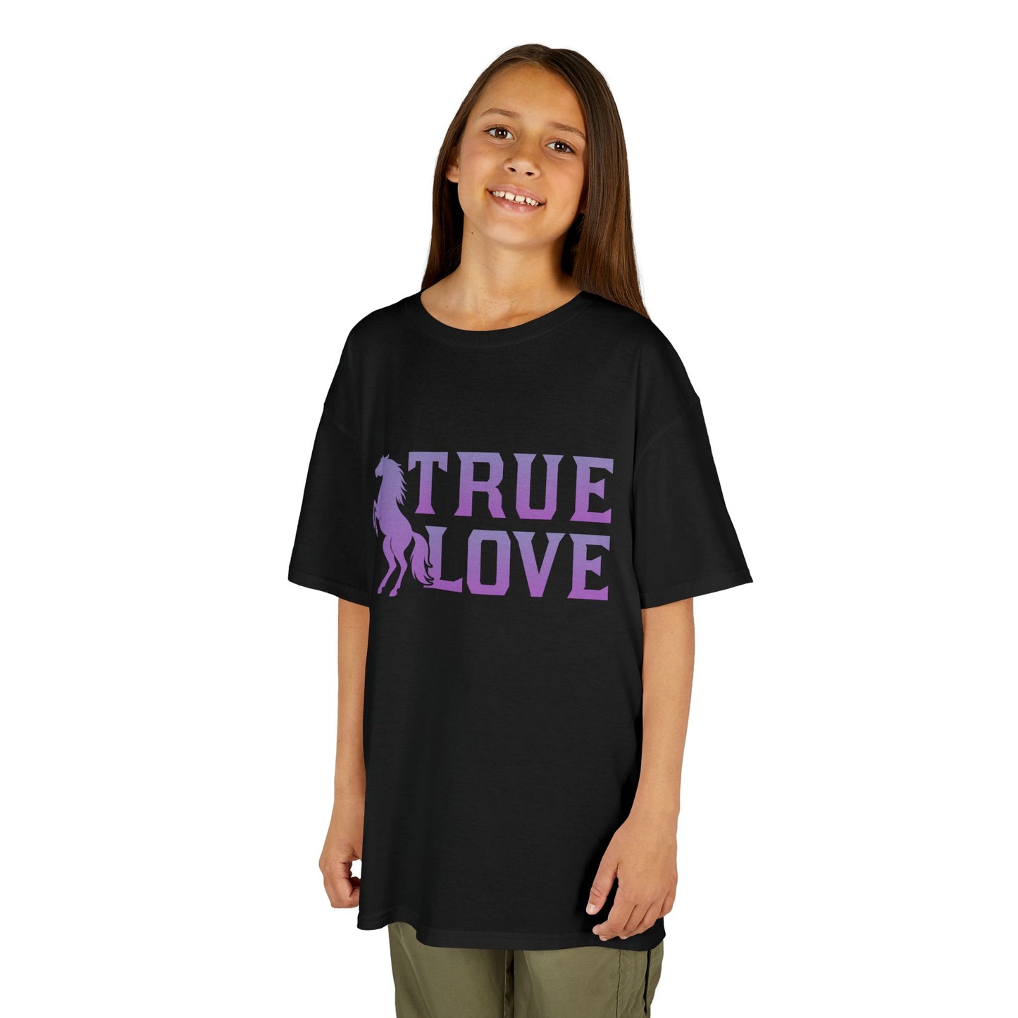 Child wearing a black t-shirt with 'TRUE LOVE' printed in purple on a white background