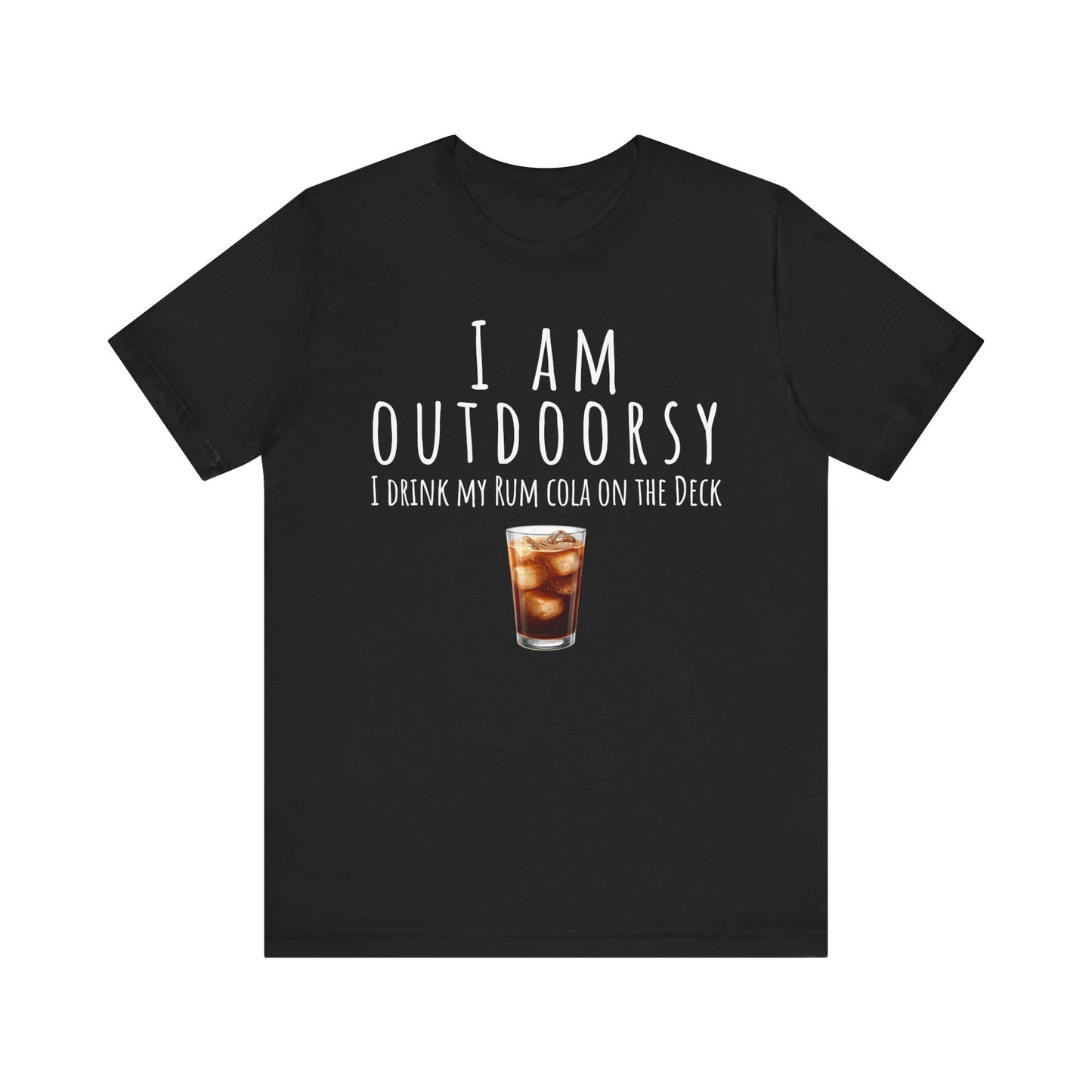 Black t-shirt with humorous text and a drink graphic on a white background