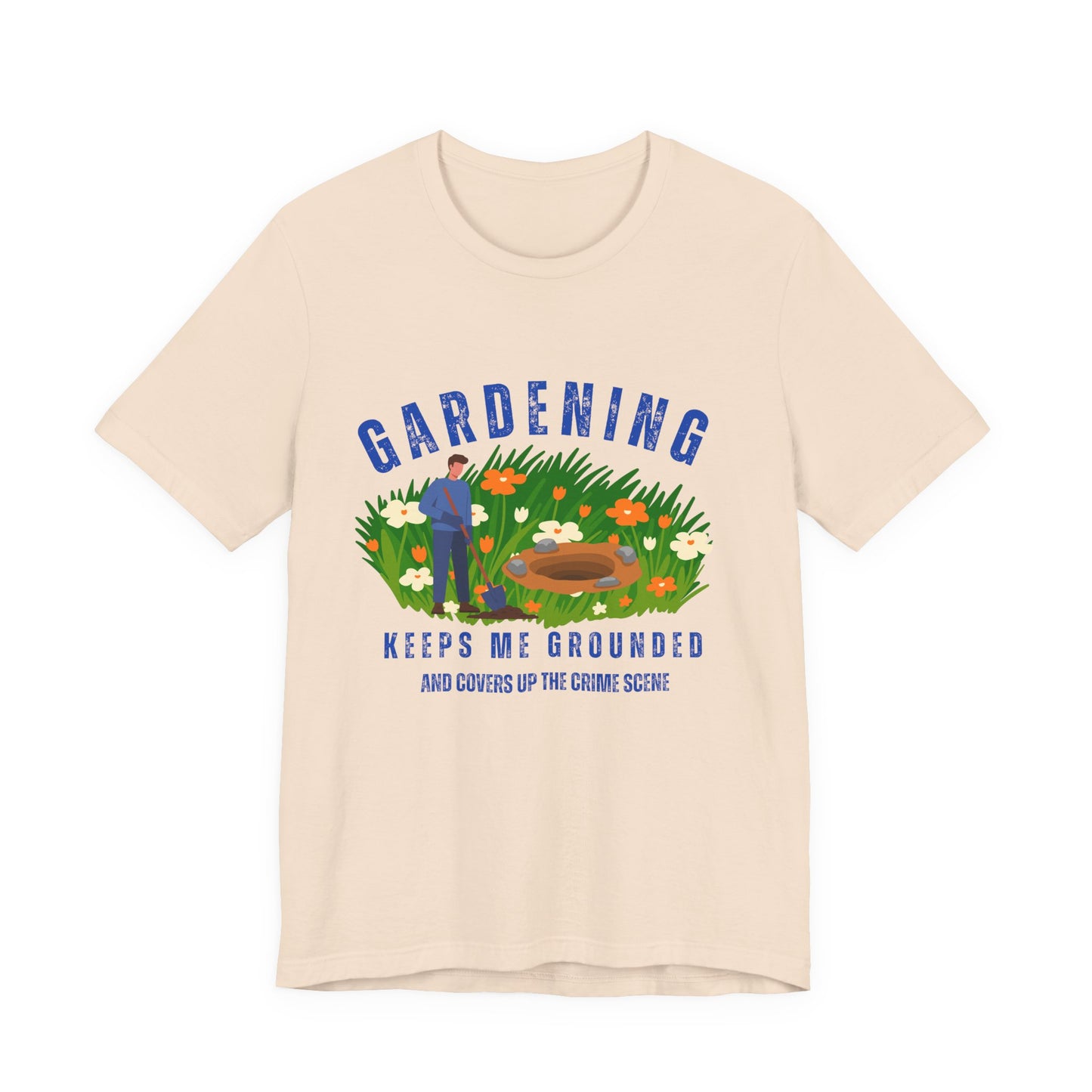 Beige t-shirt with gardening graphic and text on a white background