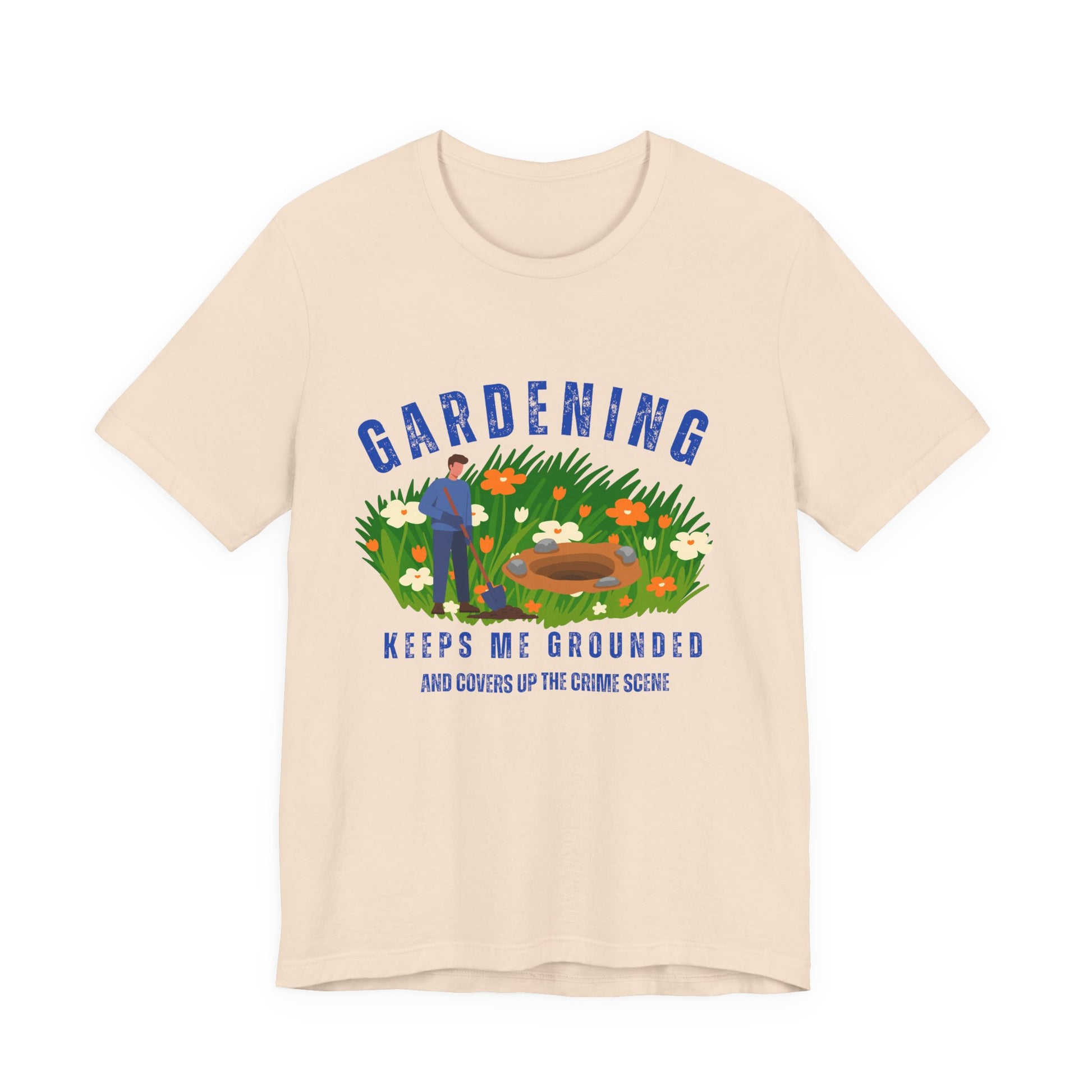 Beige t-shirt with gardening graphic and text on a white background