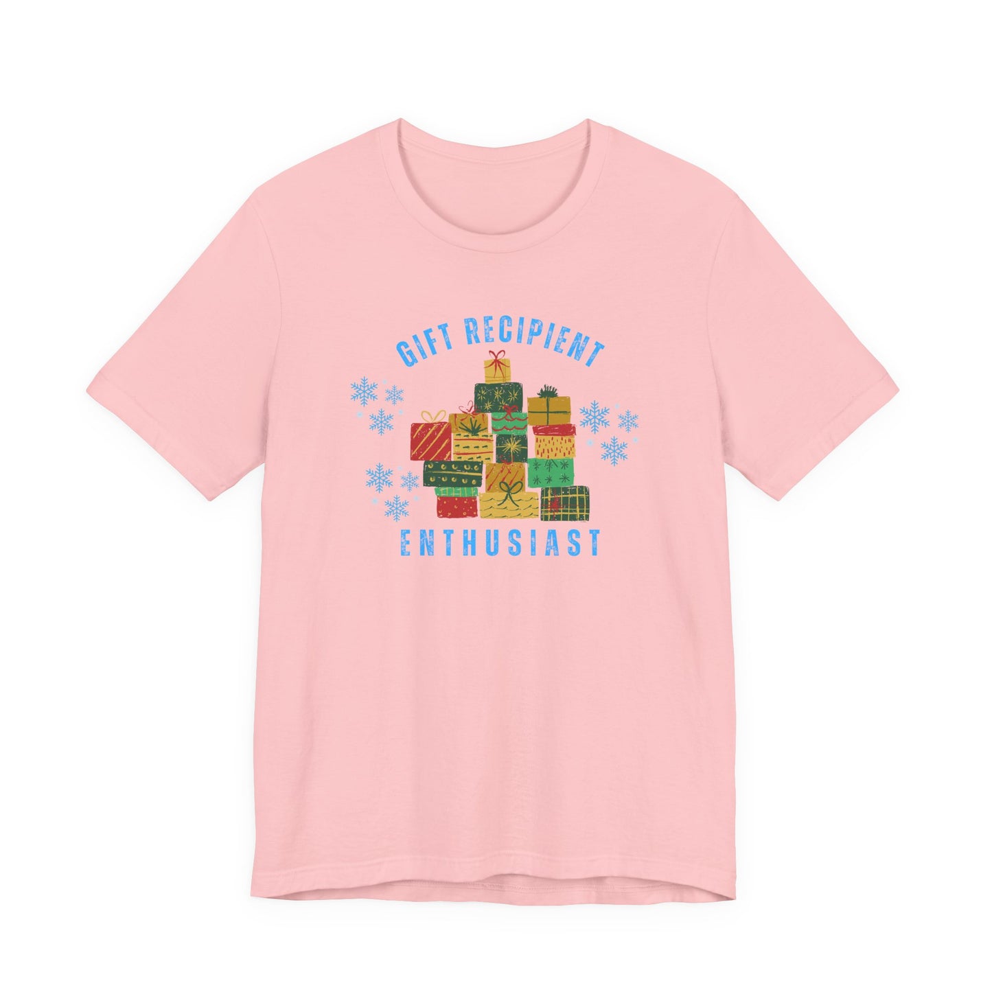 Pink t-shirt with colorful gift box design and text on a white background