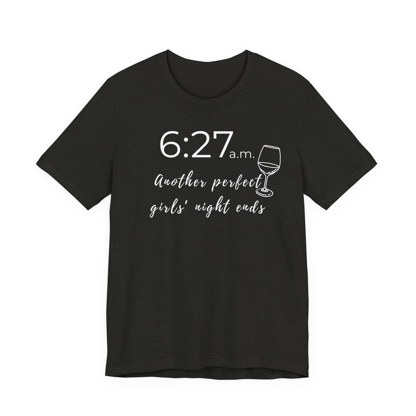 Black t-shirt with white text and graphic on a white background