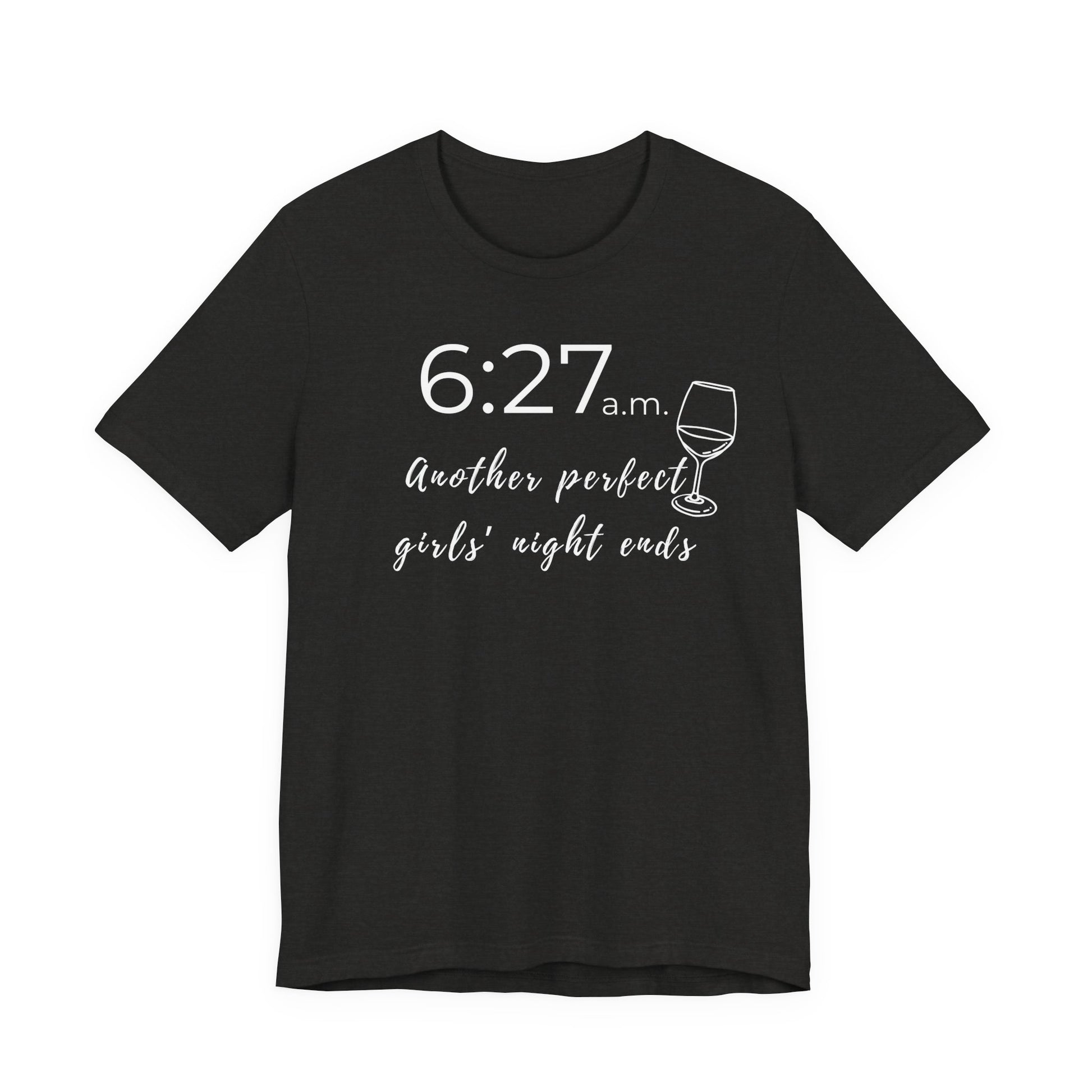 Black t-shirt with white text and graphic on a white background