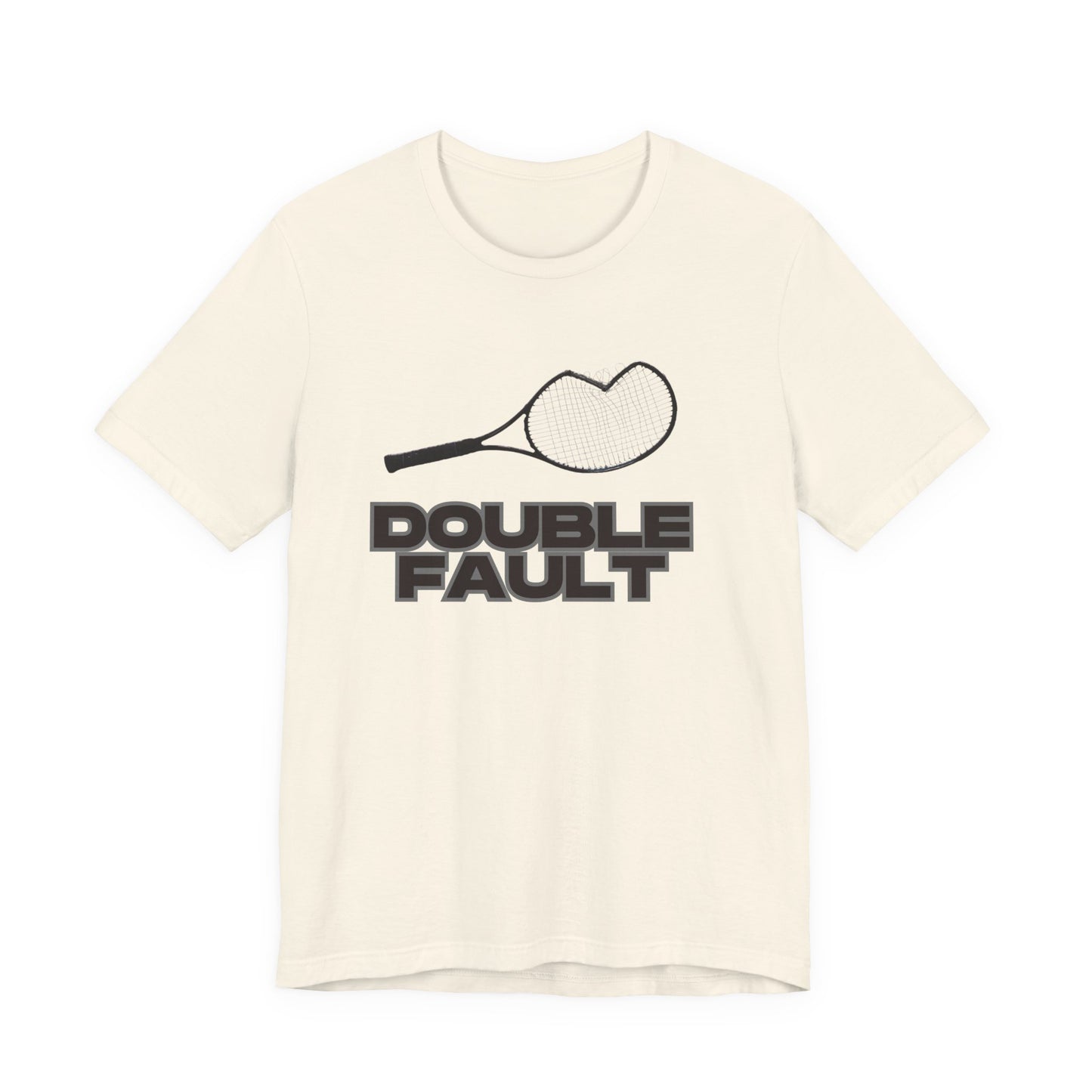 Beige t-shirt with a black tennis racket and ball graphic and 'DOUBLE FAULT' text on a white background