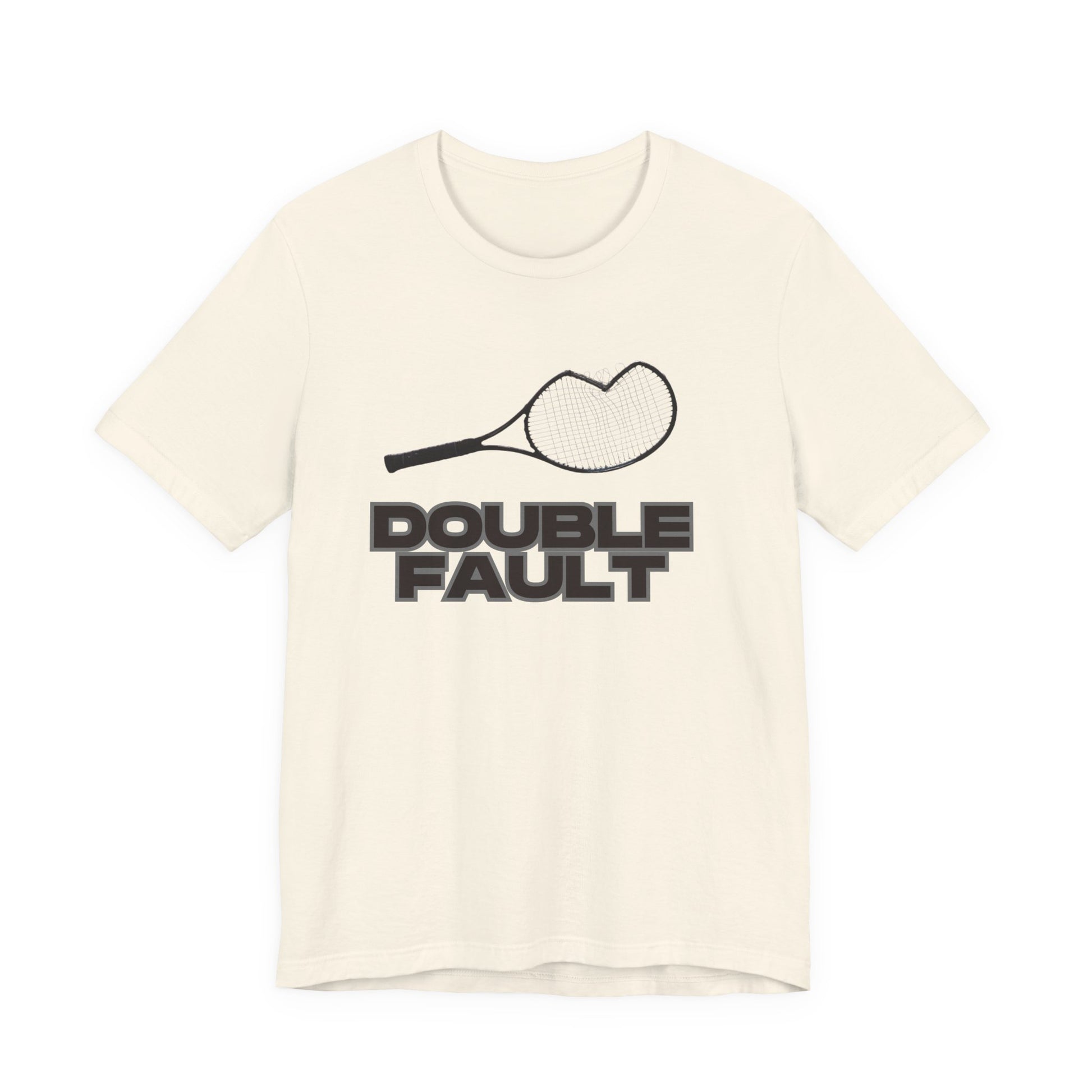 Beige t-shirt with a black tennis racket and ball graphic and 'DOUBLE FAULT' text on a white background