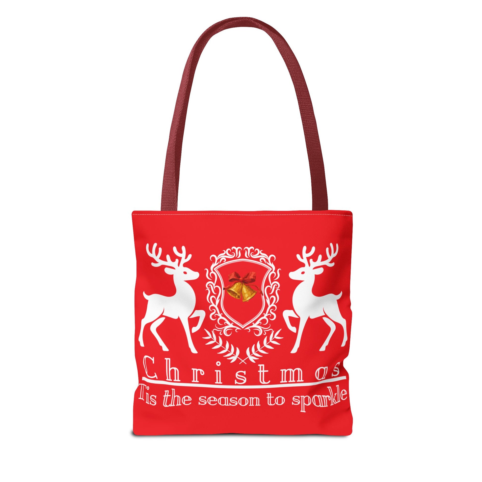 Red tote bag with reindeer design and text on a white background