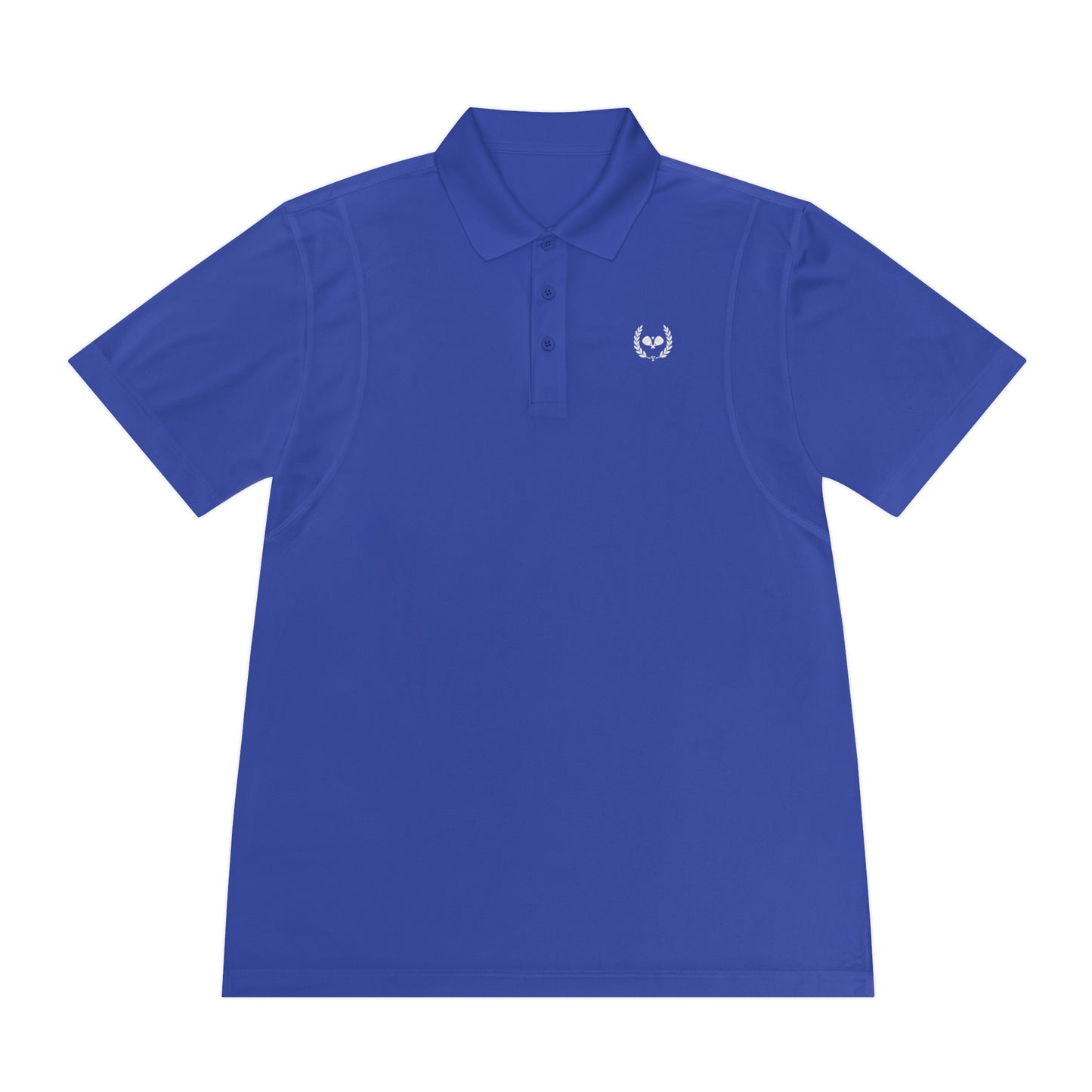 Blue polo shirt with 'Vihuela' logo on a white background