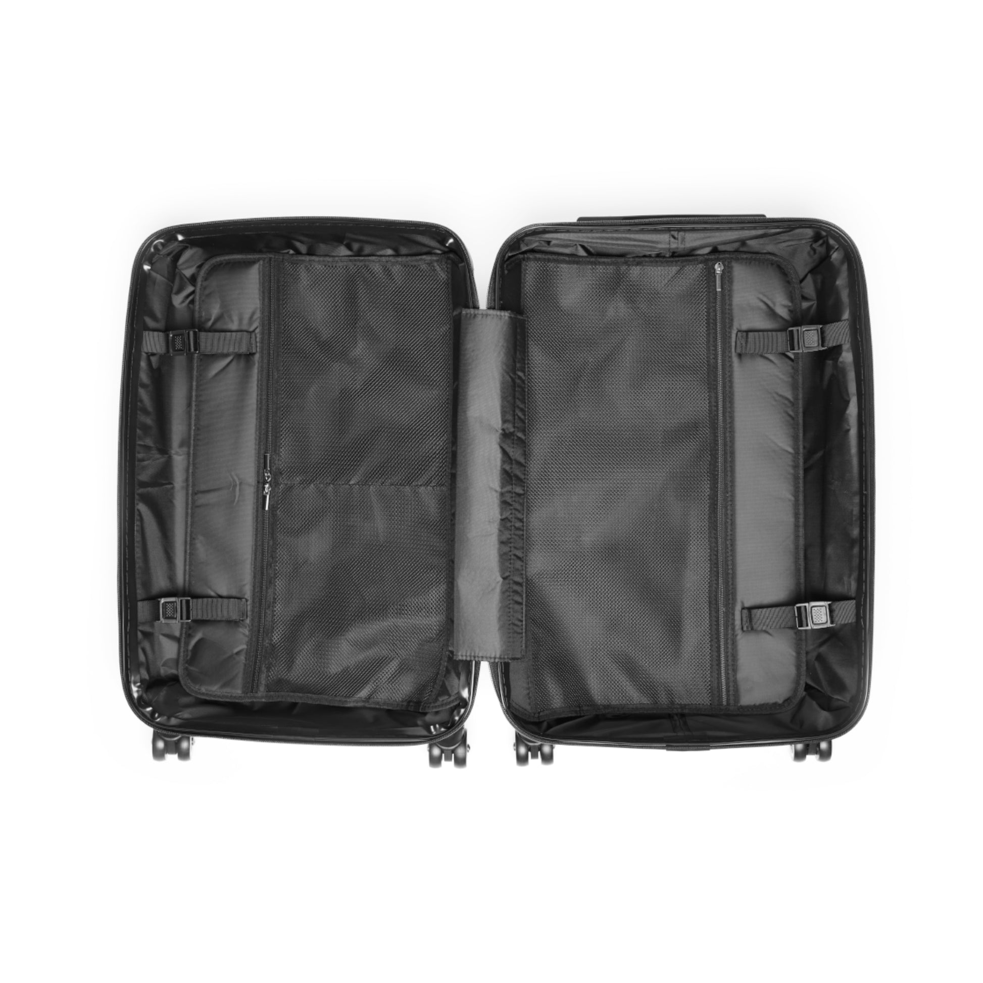 Black suitcase with open lid on a white background