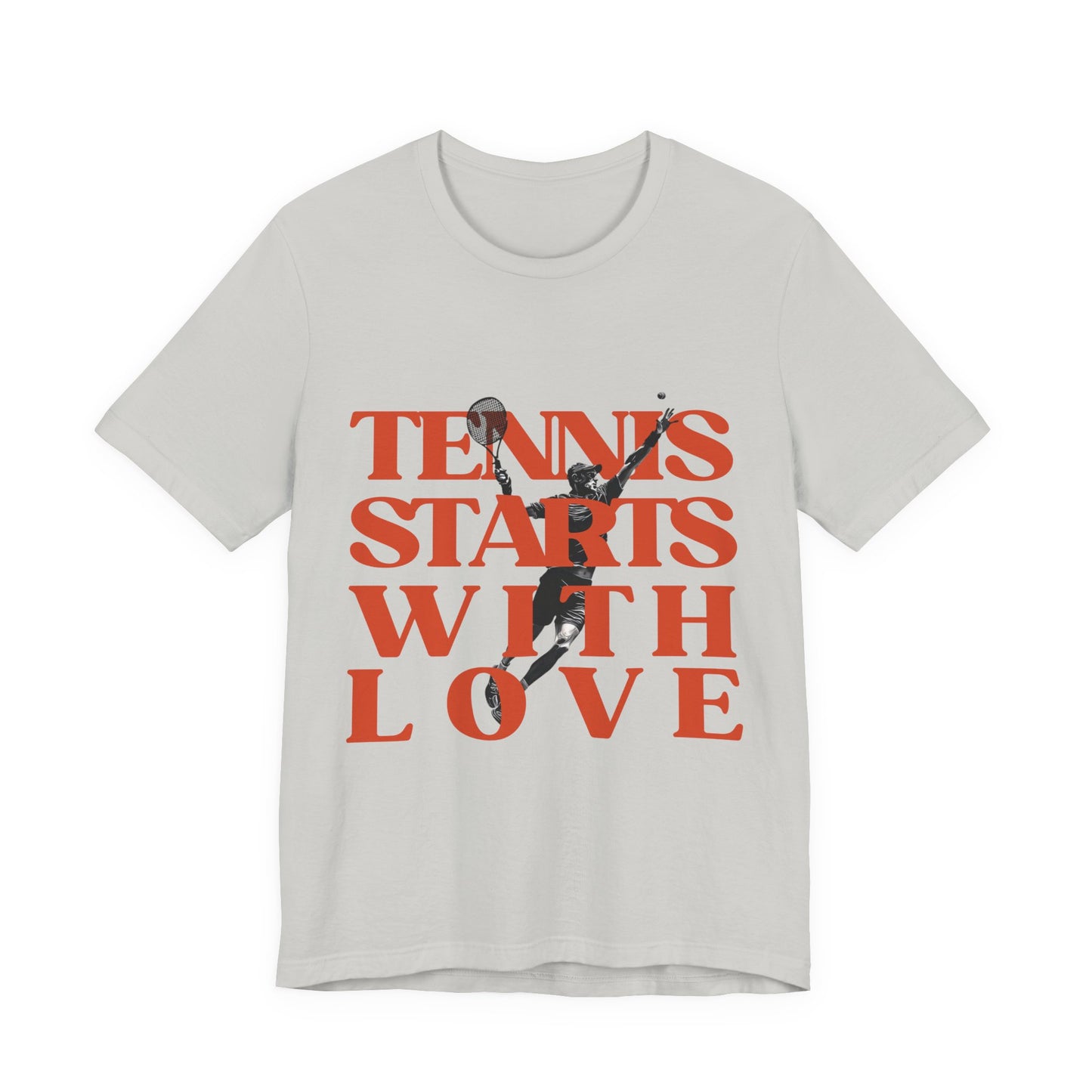 Gray t-shirt with red text 'Tennis Starts With Love' and a graphic of a tennis player on a white background