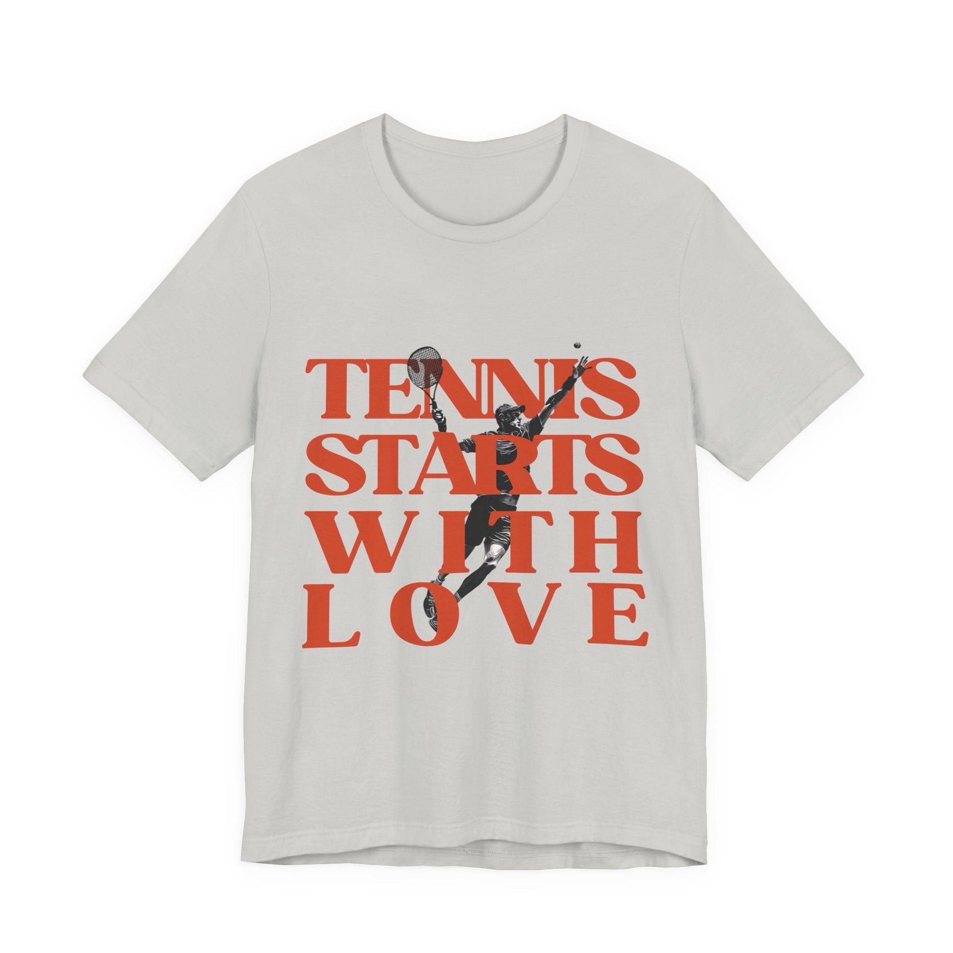 Gray t-shirt with red text 'Tennis Starts With Love' and a graphic of a tennis player on a white background