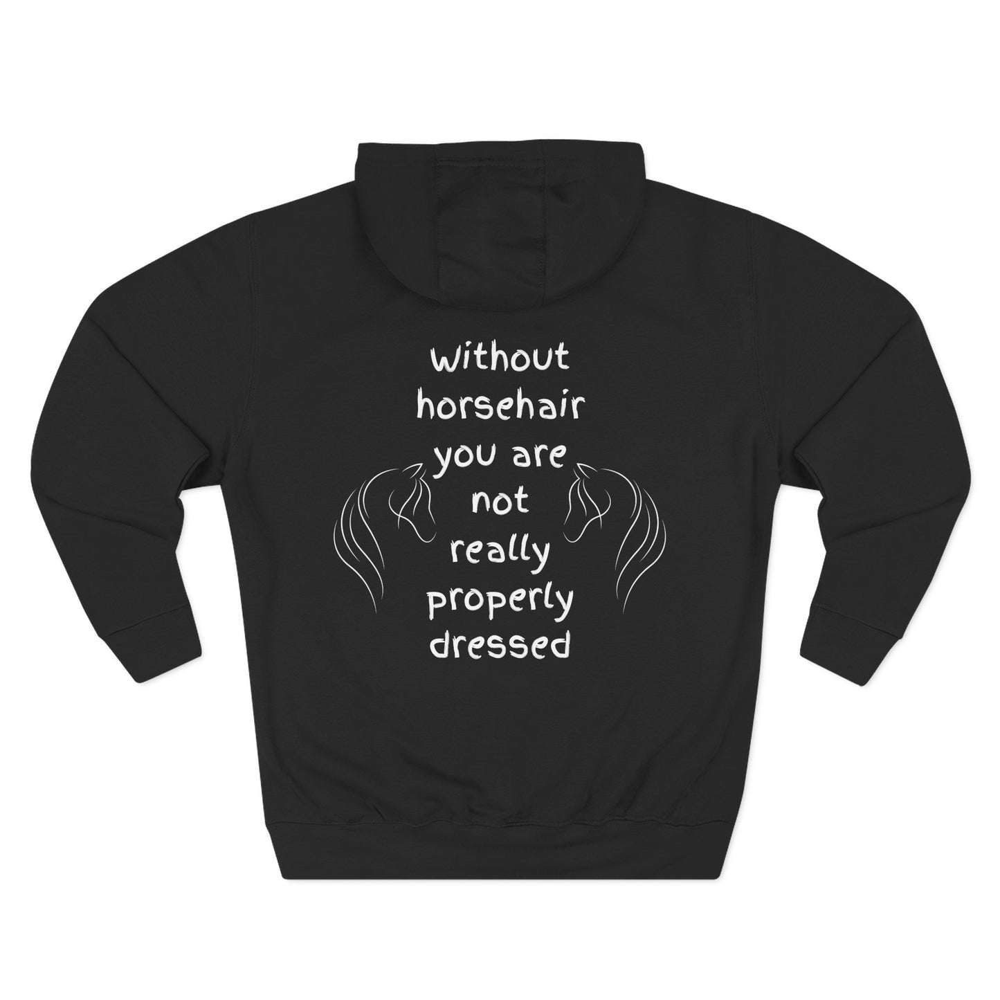 Black hoodie with text and horse illustrations on a white background